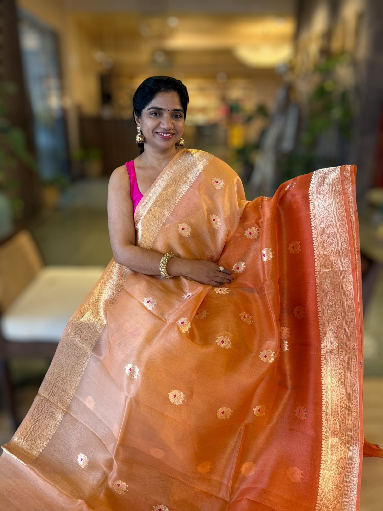 Rust Shaded Premium Kora Banarasi Saree with Allover Meenakari Kaduwa Motifs