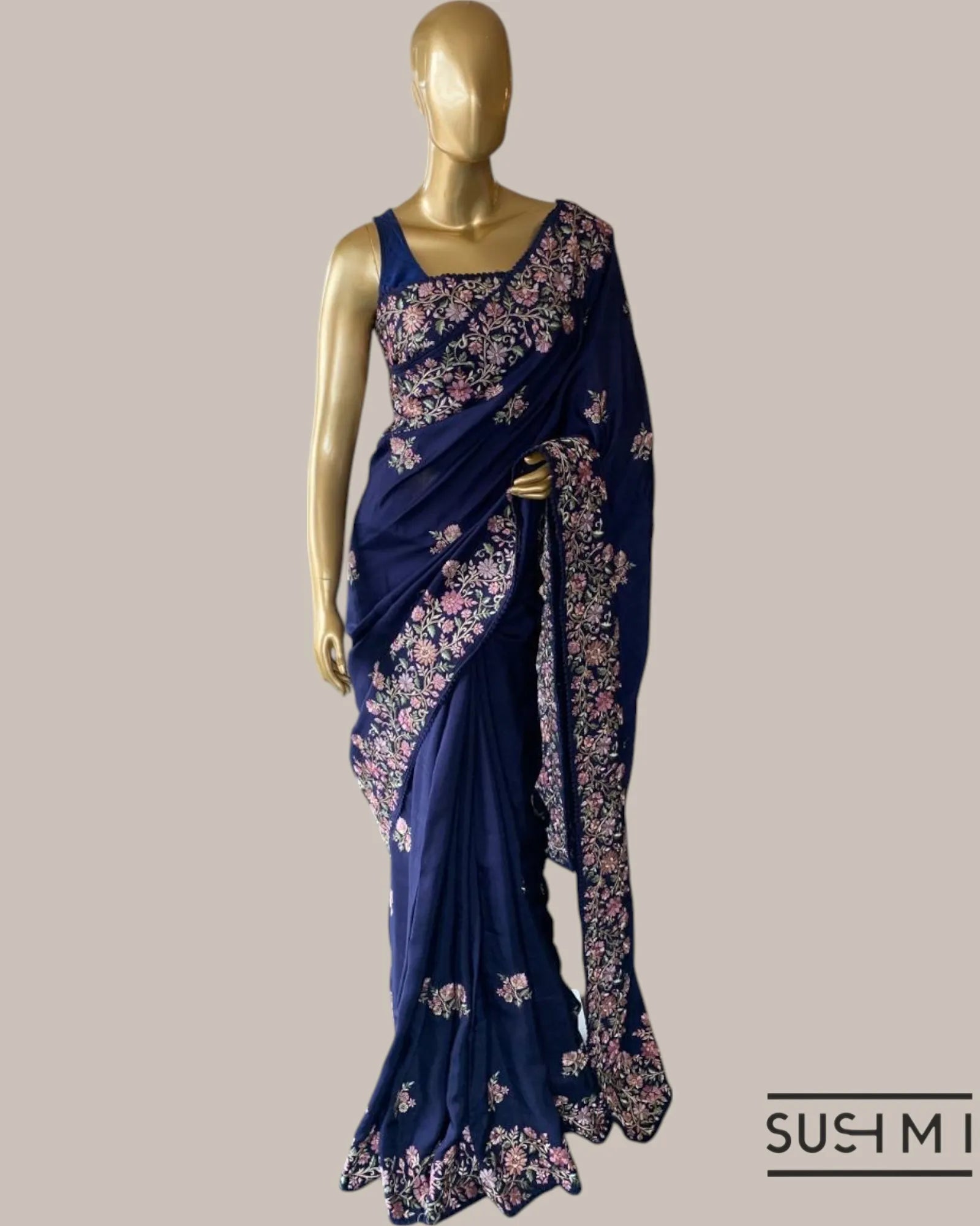 Midnight Blue Tussar Organza Saree with beautiful multi color embroidered border