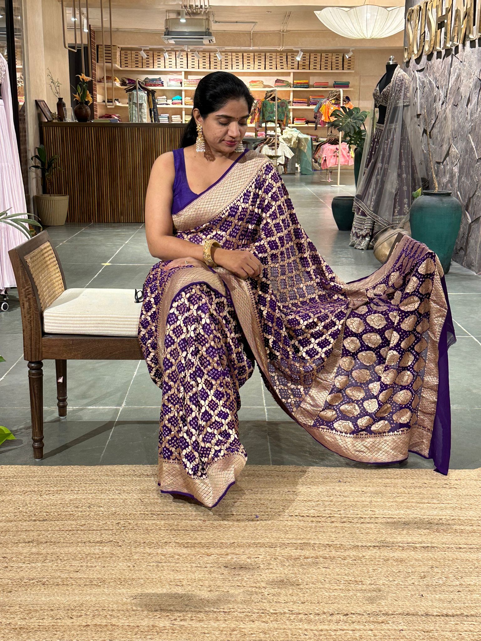 Purple blue banarsi khaddi georgette handmade bandhej work