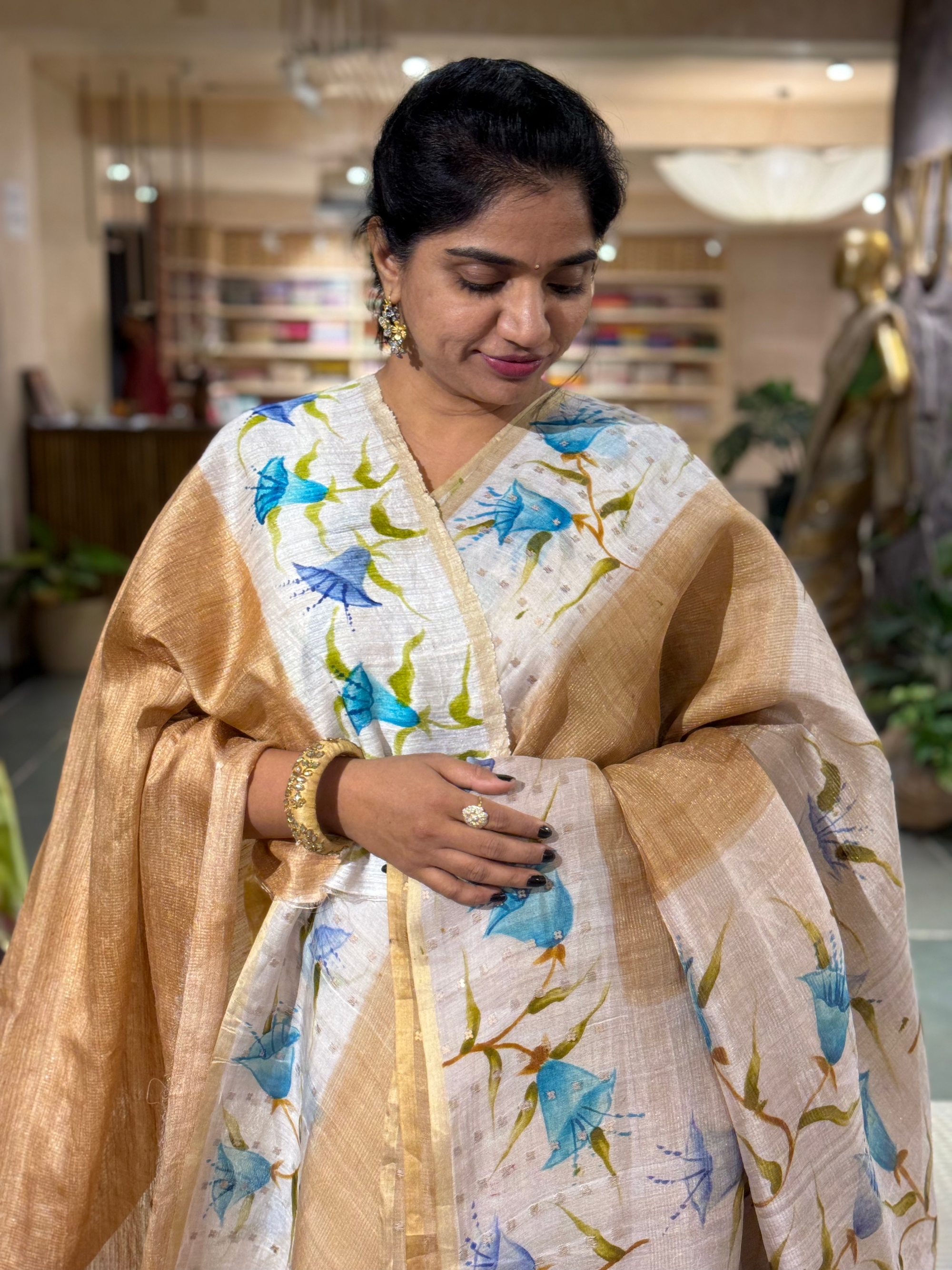 Tussar Kota Tissue Saree with Handpainted Muslin Border and Pallu