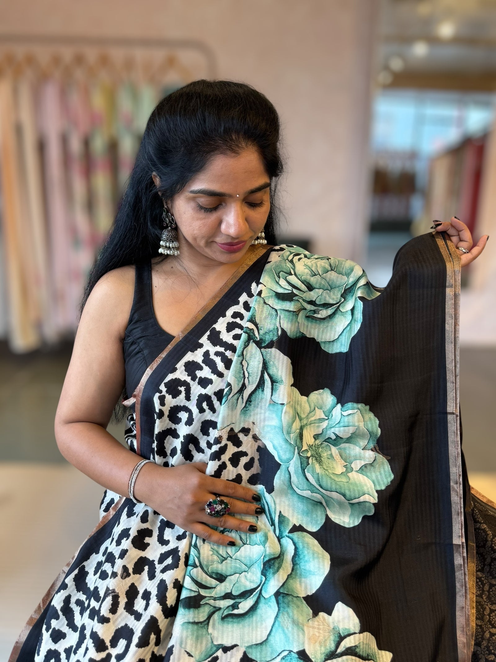 Kanchi Soft Silk Saree with Leopard and Statement 3D Rose Print