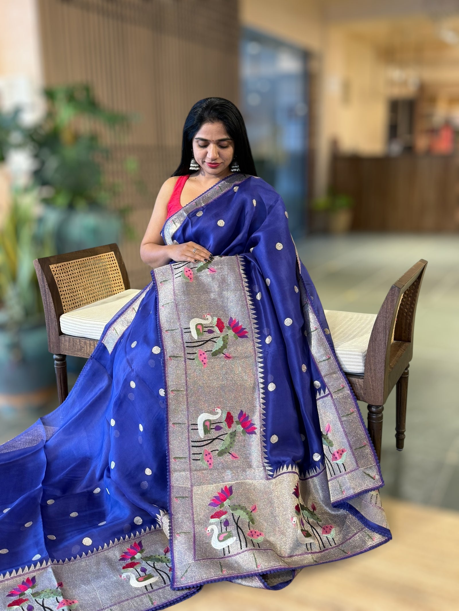 Purplish Blue Pure Organza Saree With Pythani Embroidered Border