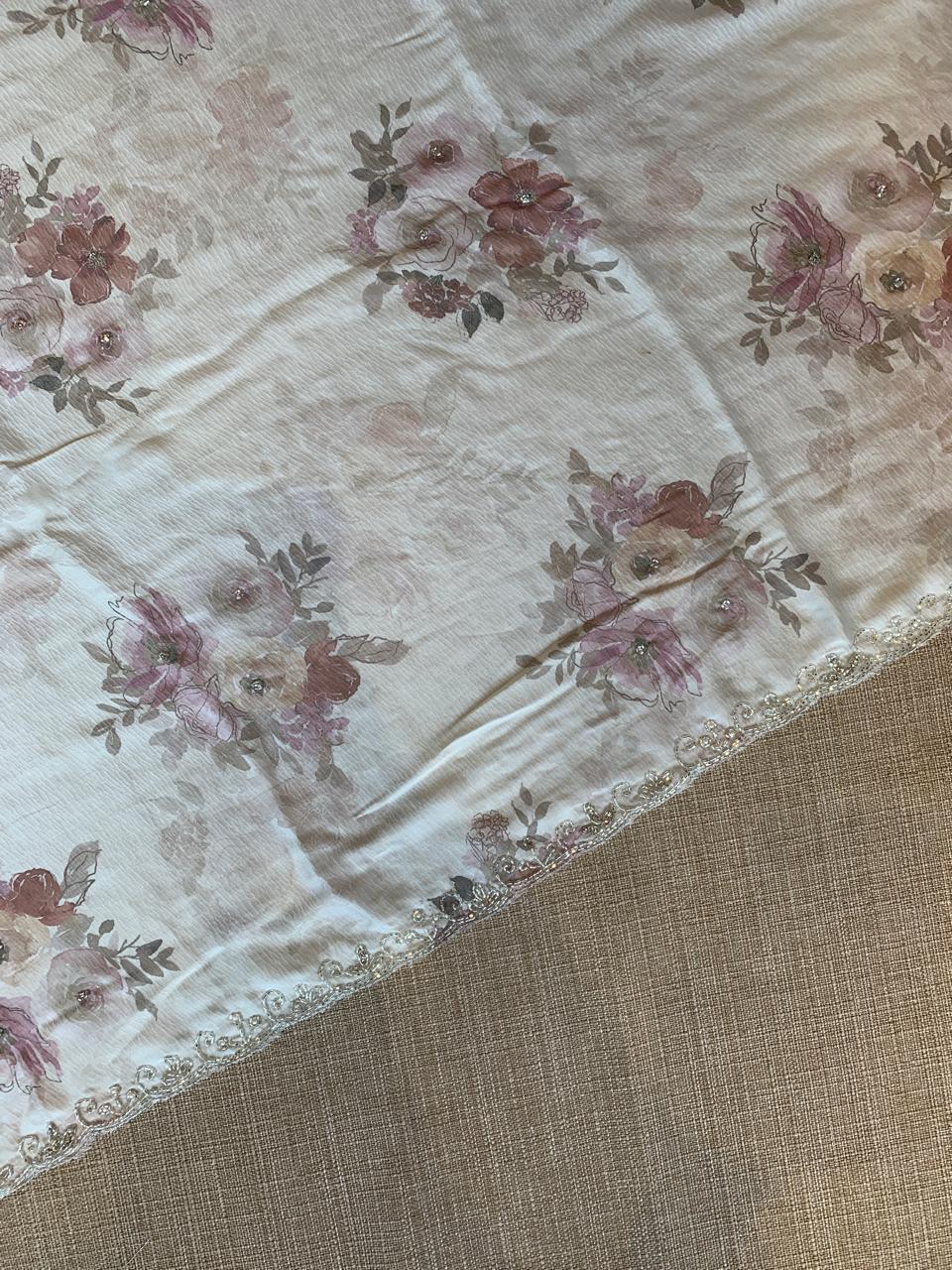 Lightest Mint Pure Chinnon Satin Crepe Saree with Floral Print& Handwork Borders