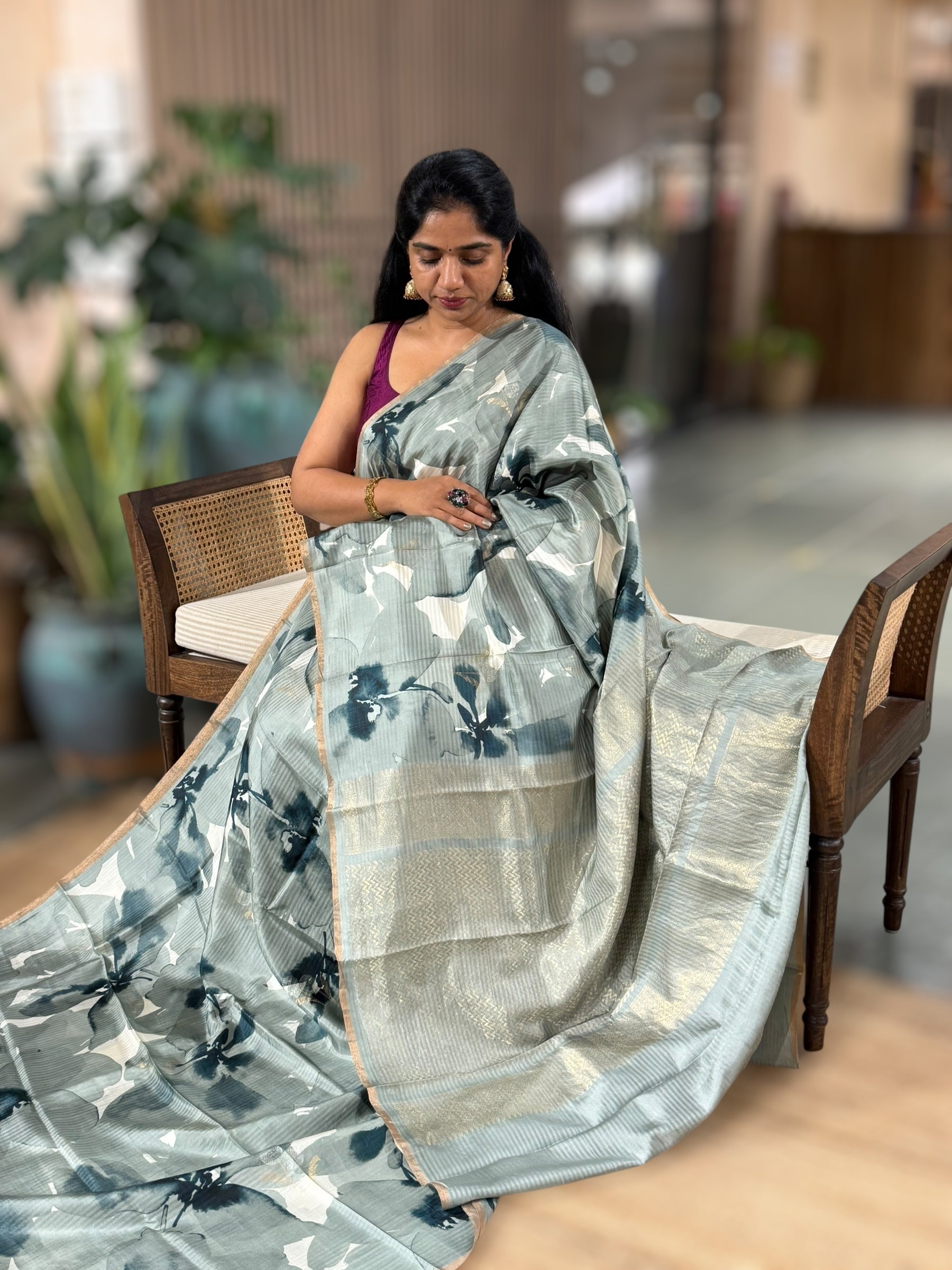 Light Sage Green  Kanchi Soft Silk with Allover Water Color Paint Style Print