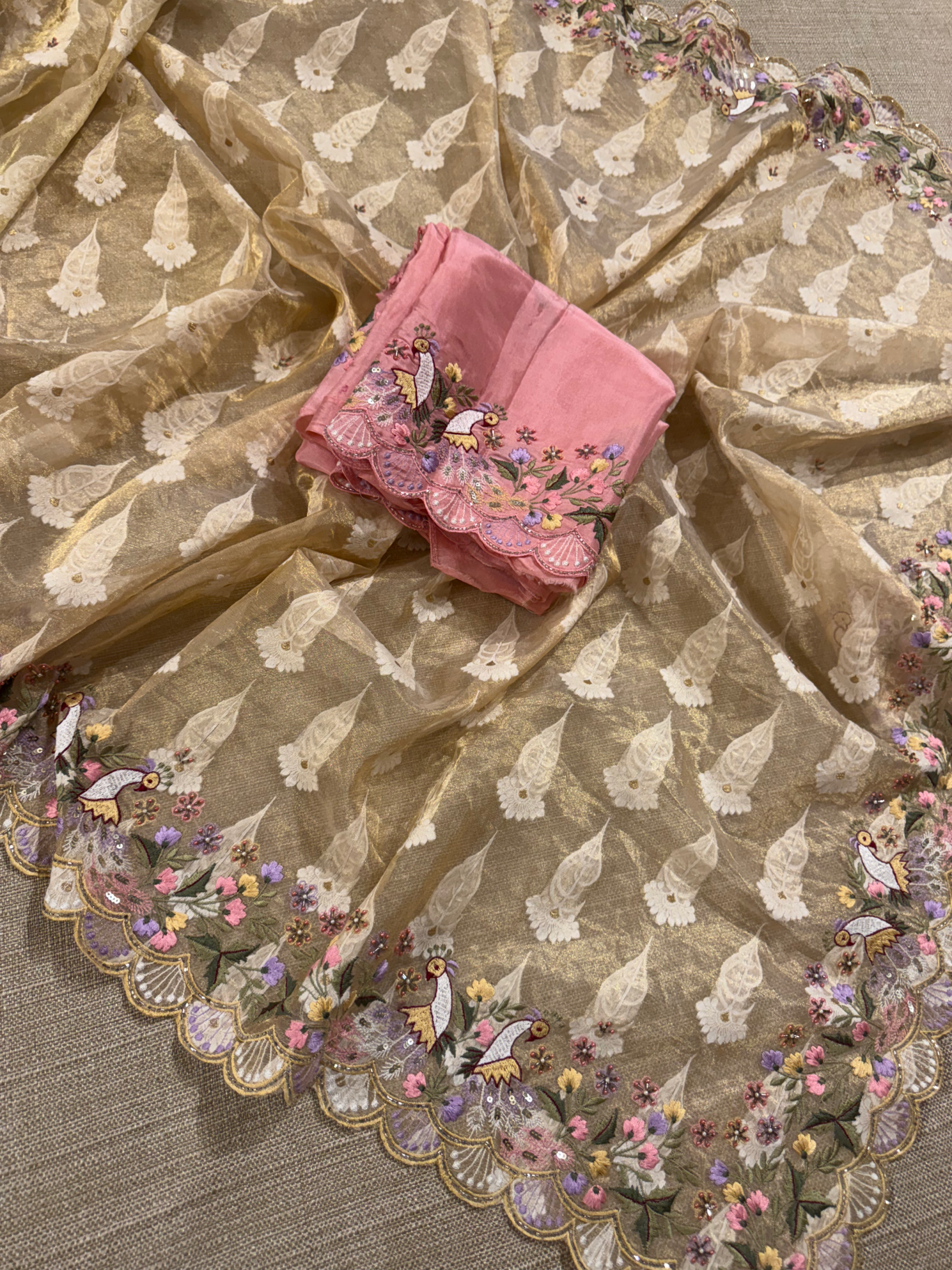 GTEA2002 : Pure Handloom Gold Tissue Saree With handwork borders and blouse