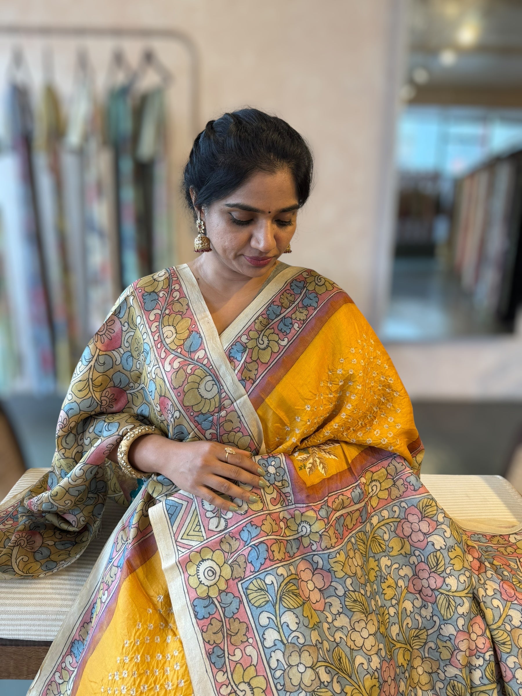 Yellow Tussar Bandhini Saree With Pen kalamkari Border & Petite Point Emb Blouse