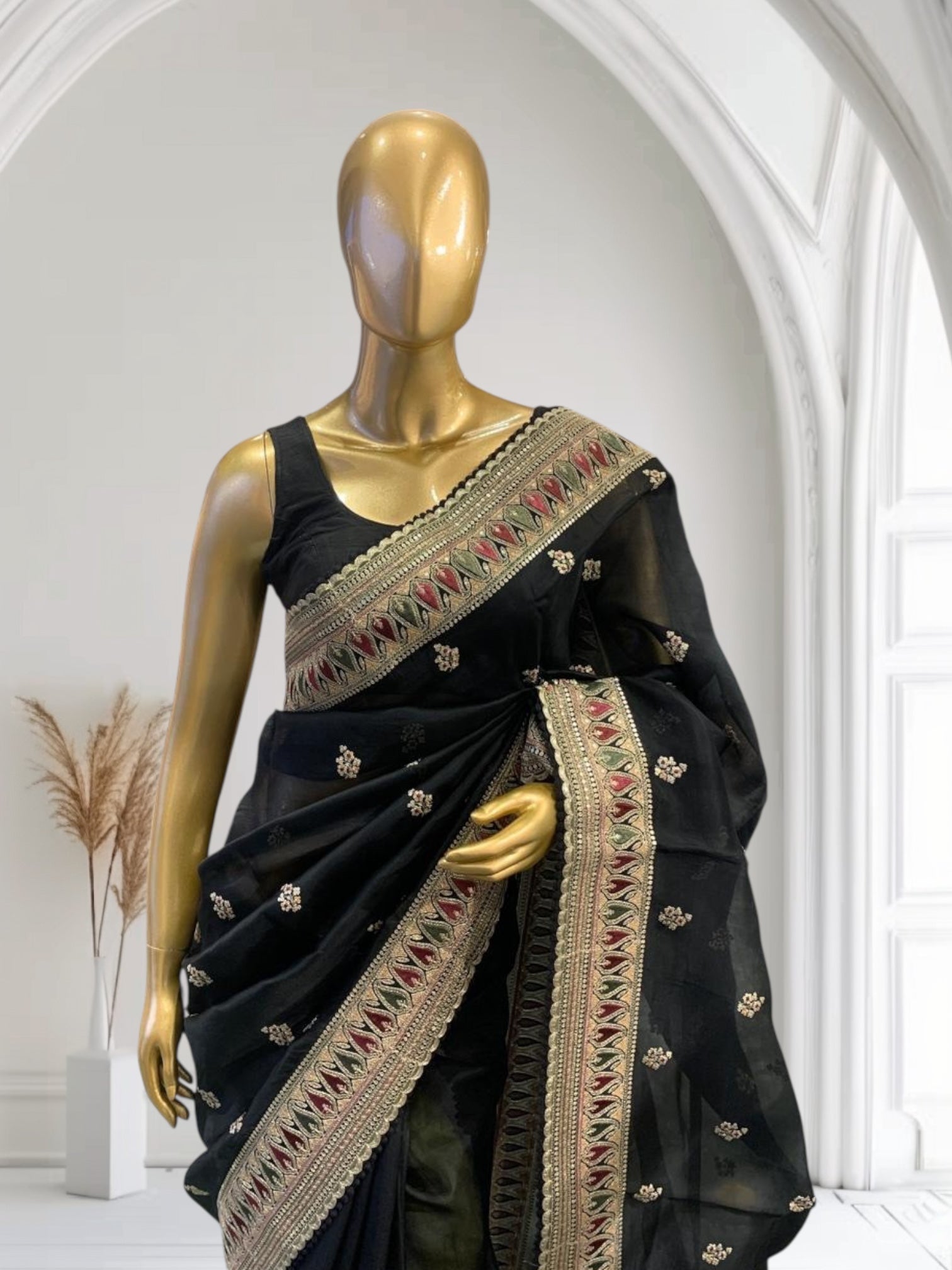 Luxe Black Organza Saree with Sabyasachi-Inspired Border & Blouse