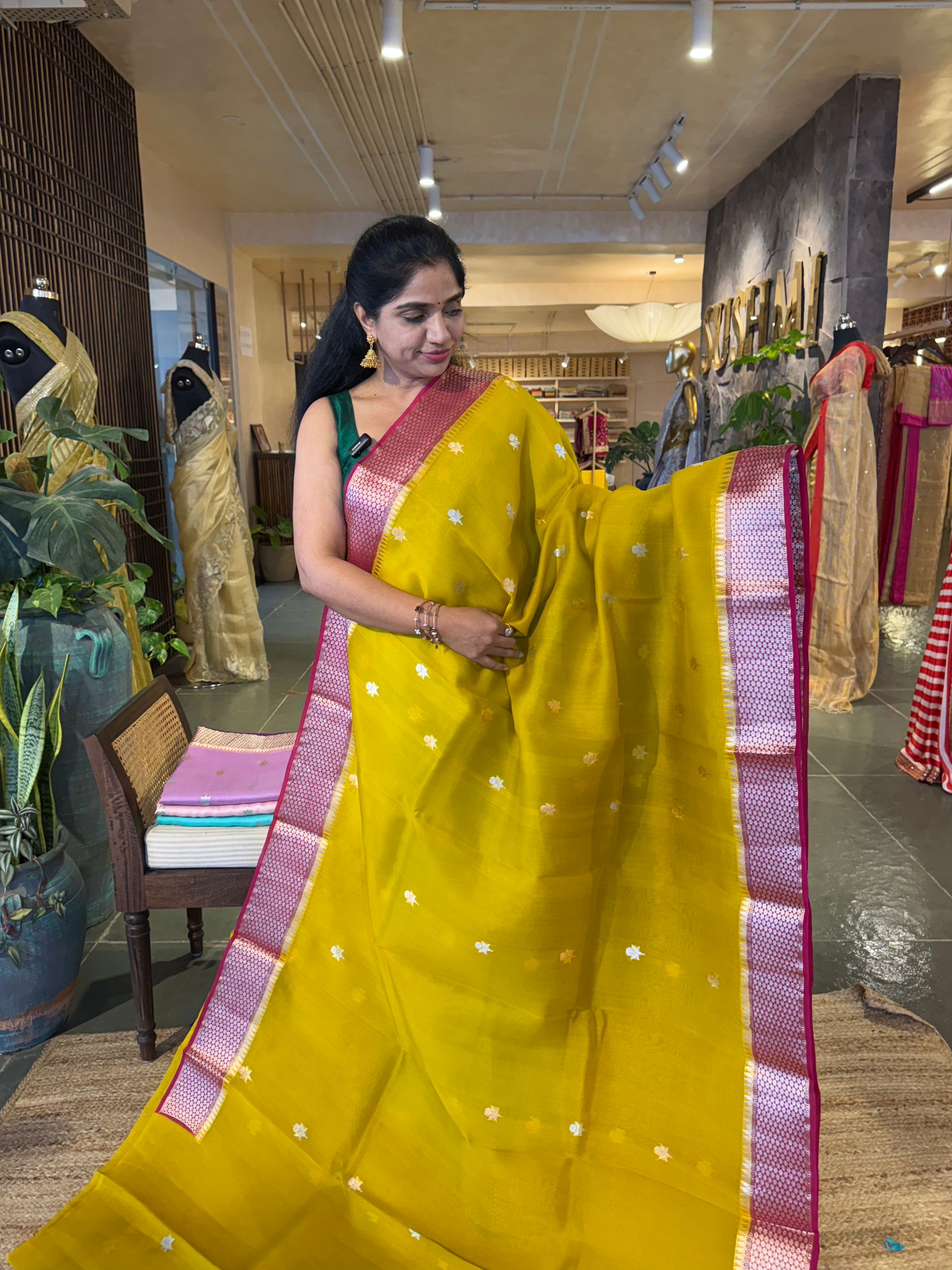 Lime Yellow & Chilli Red Combo Kora Banarasi  Saree with kaduwa Weaving