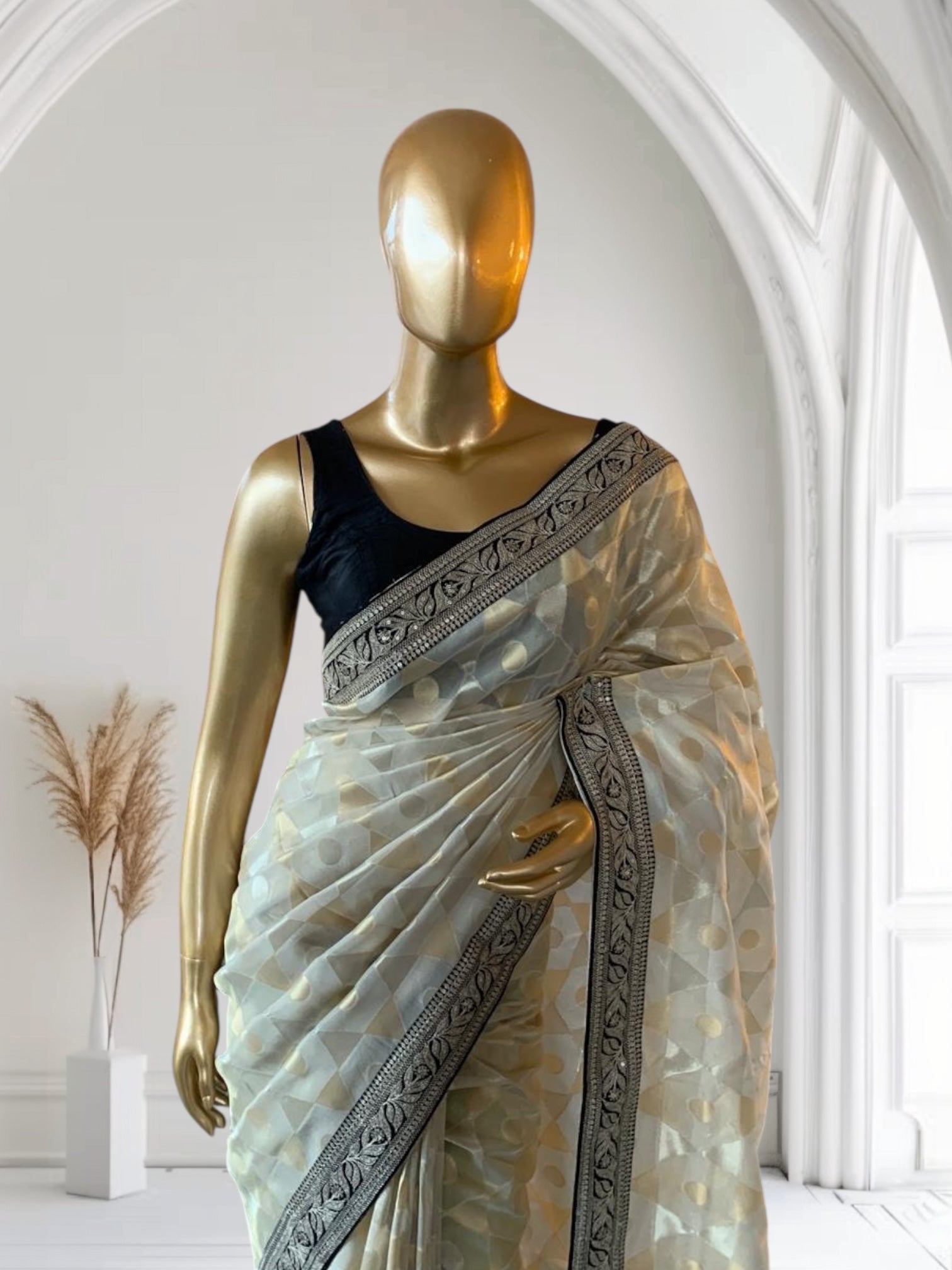 Ivory Kora Tissue Saree with Sabyasachi-Style Borders & Heavy Embroidered Blouse