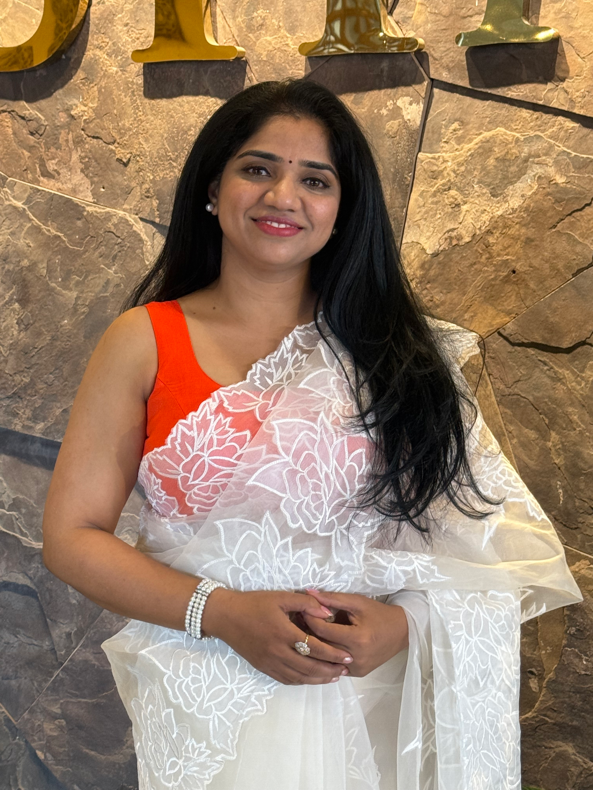 OROSEV1902 : White Organza Saree with Embroidered Rose Border