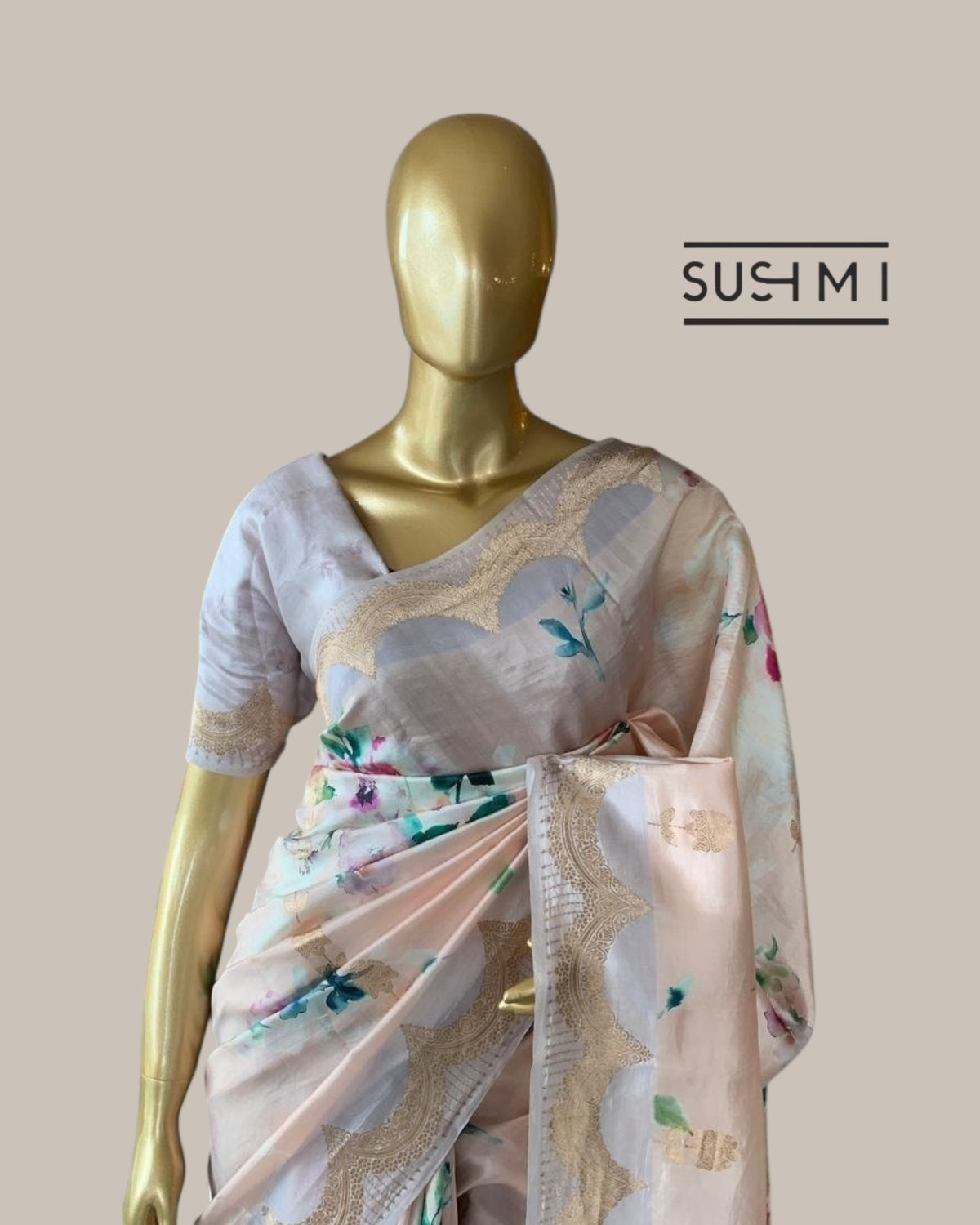 Banarasi Soft Silk Printed Saree With Scalloped Woven Zari Border