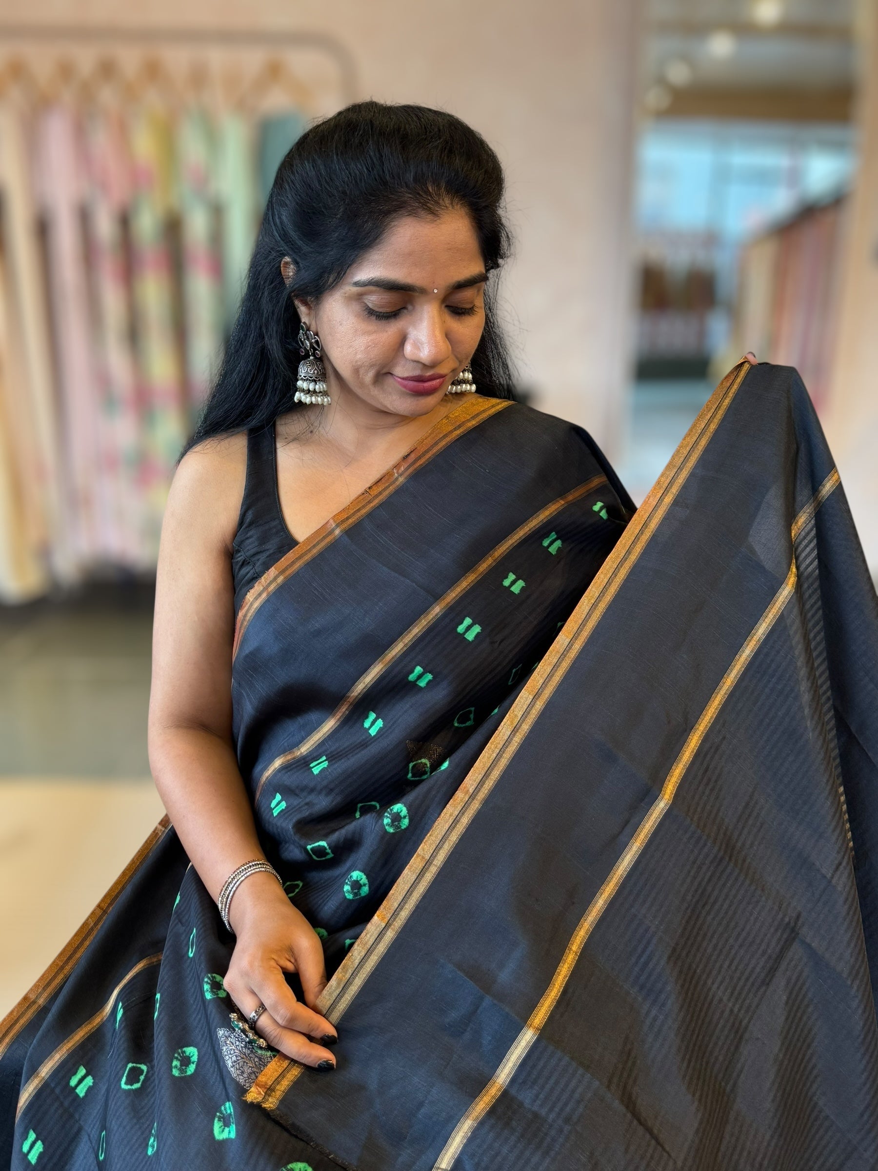 Black Kanchi Soft Silk Saree with Bandhini Print