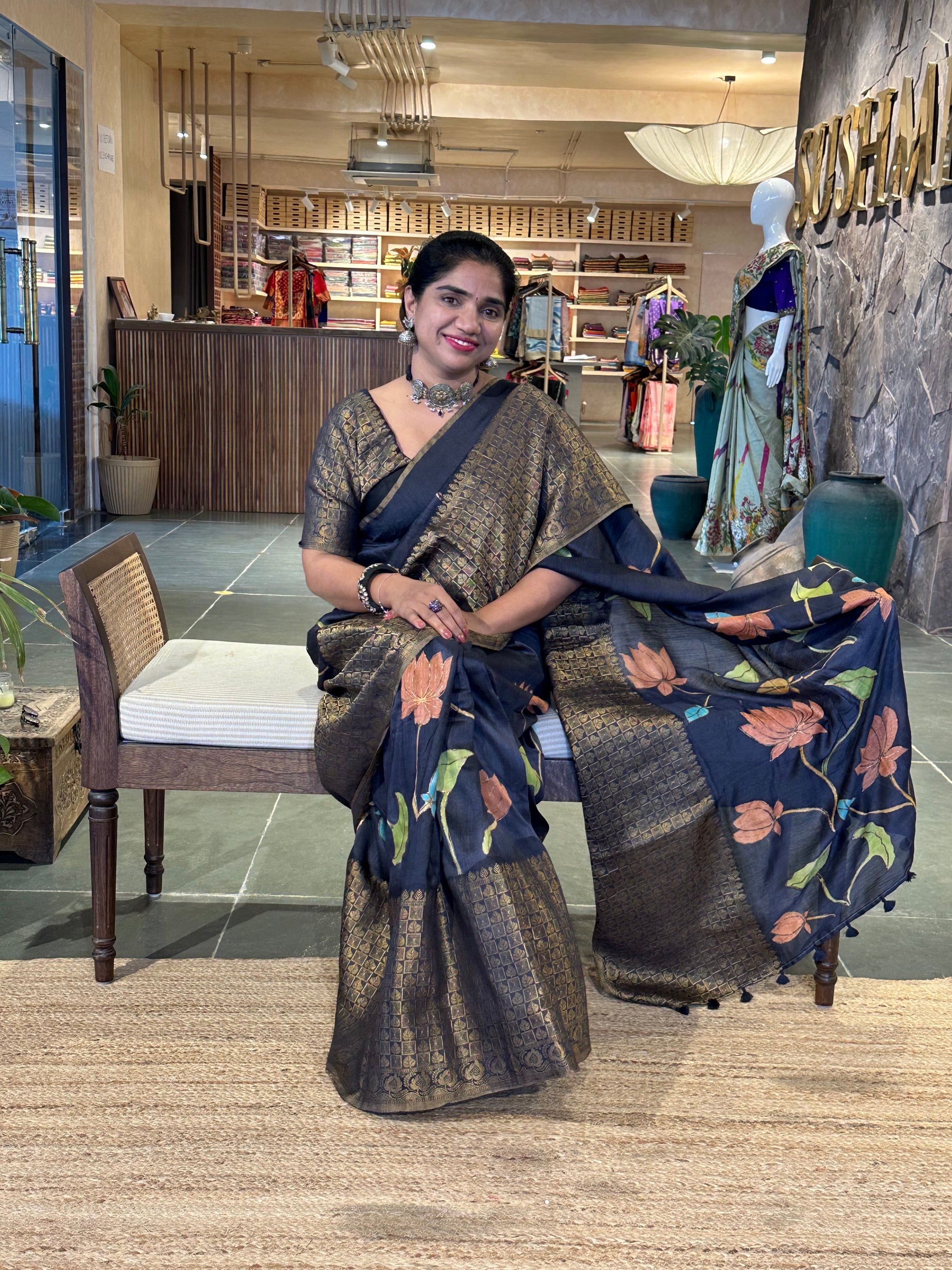 Elephant Black Pure Handloom Munga Banarasi Saree with pichwai handpainting .
