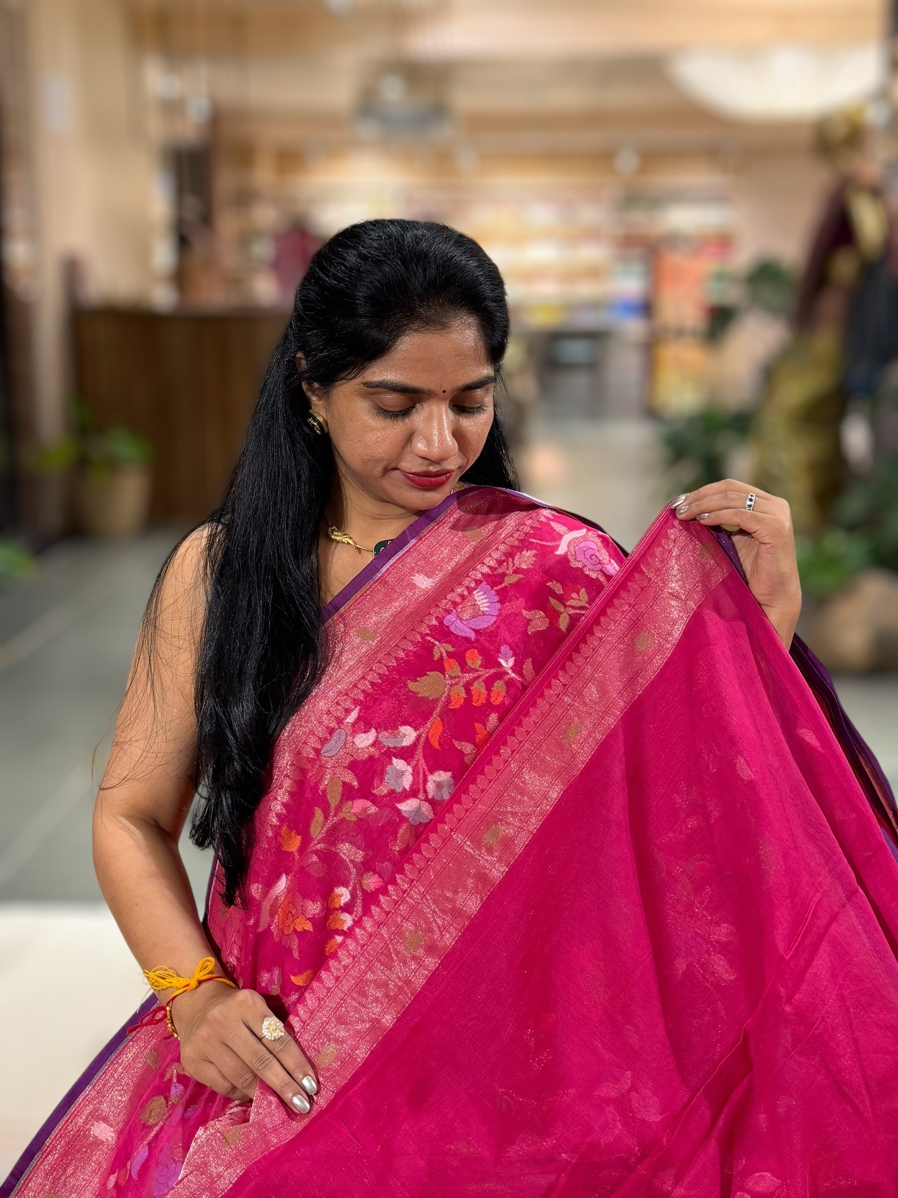 Pink Banarasi Handloom Cotton Cut Jamdani Saree With Allover Meenakari