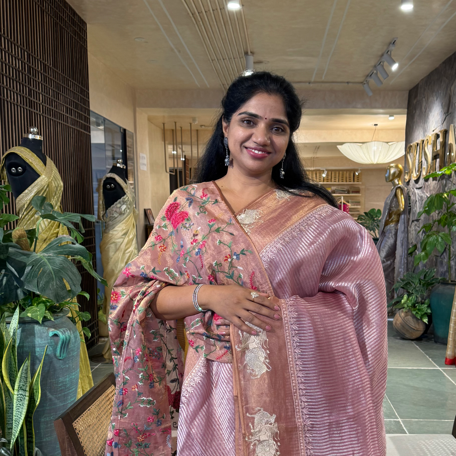 Onion Pink Tissue Stripes Saree with Nandi Border & Tissue Petite Point Blouse