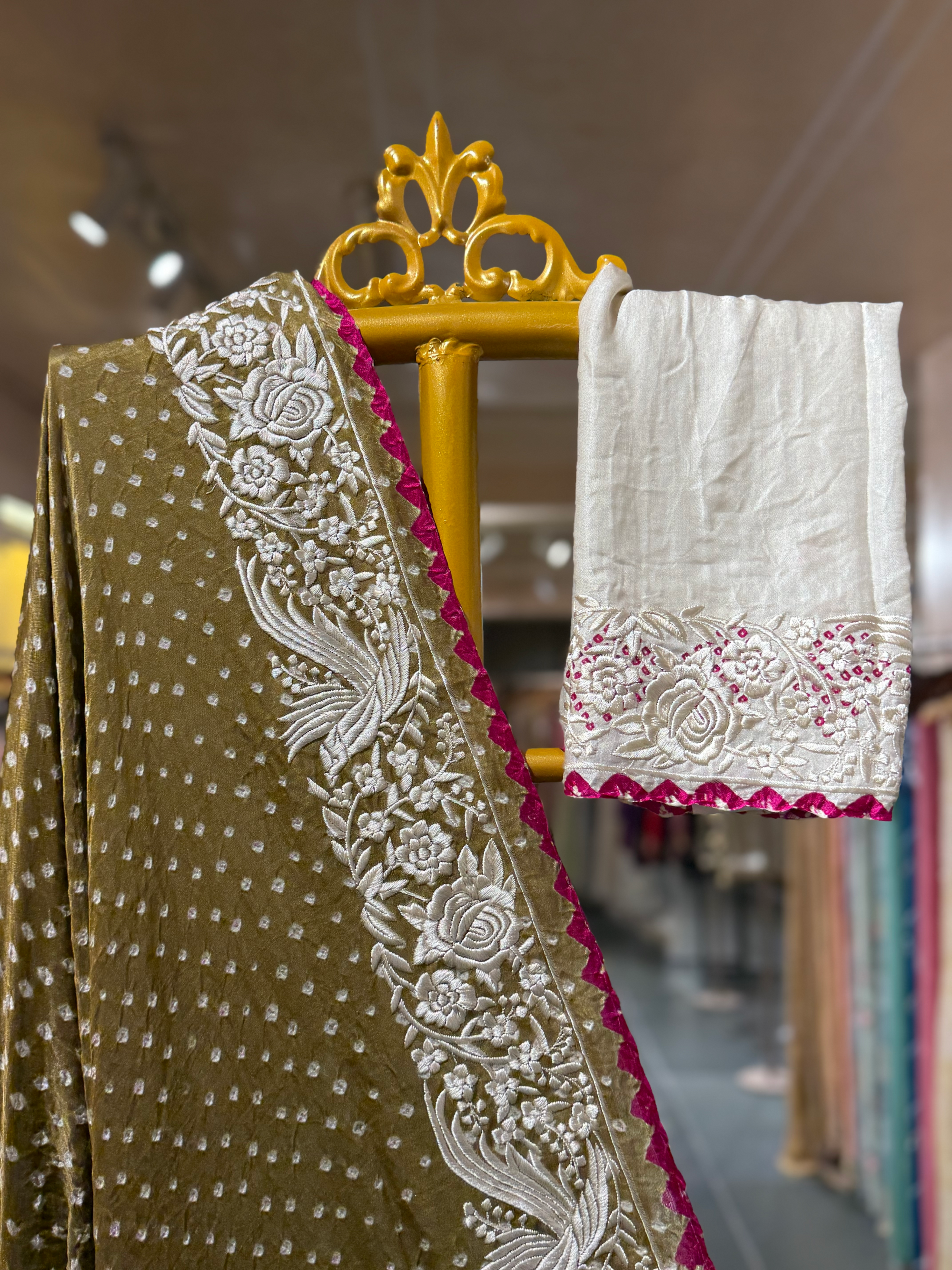 Mehendi Green Pure Gajji Silk Kutch Bandhej Saree with Parsi Gara Embroidery