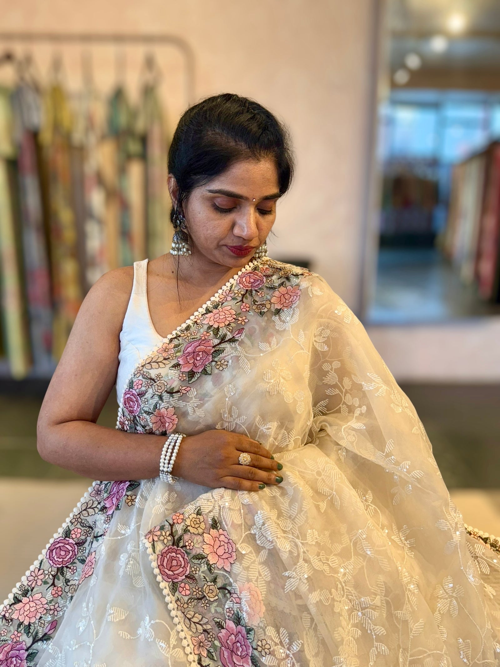 Ivory Organza Saree with Allover Floral Sequence Work & Parsi Embroidered Border