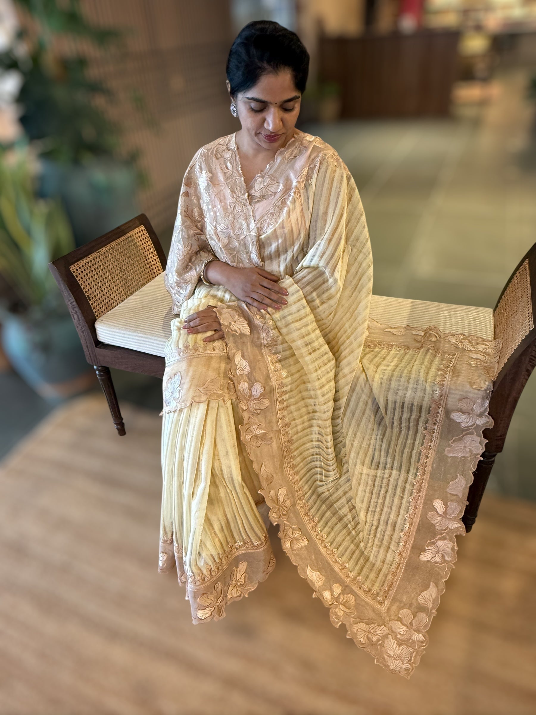 Pastel Yellow Mul Tissue Stripes Saree With Tissue Cutwork  Border & Blouse