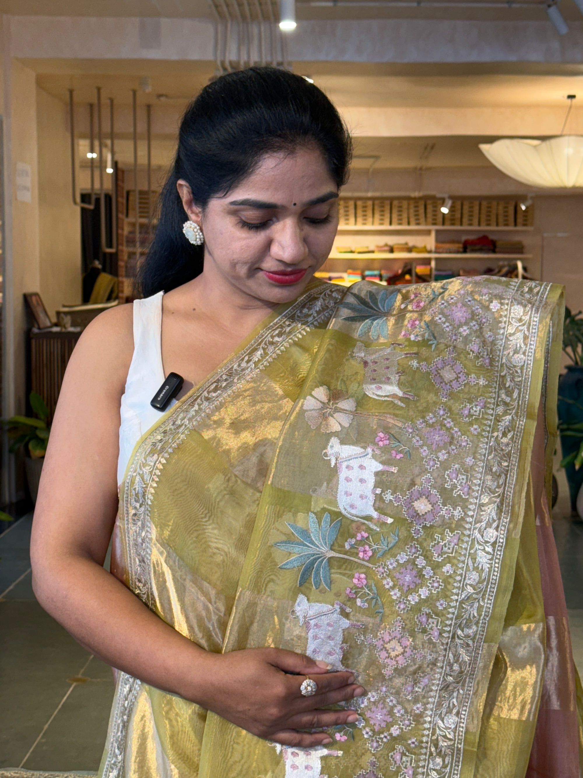 Moong Dal Green Kora Tissue Stripes with Pichwai & Jamdani Inspired Embroidery