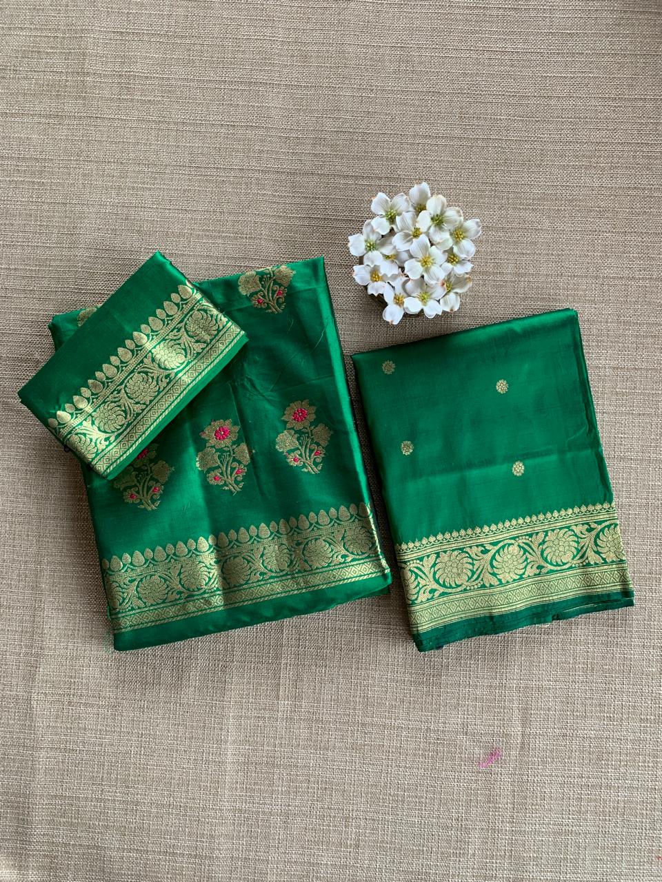 Emerald Green Katan Silk  3 pc Suit Set with meenakari kaduwa weaving