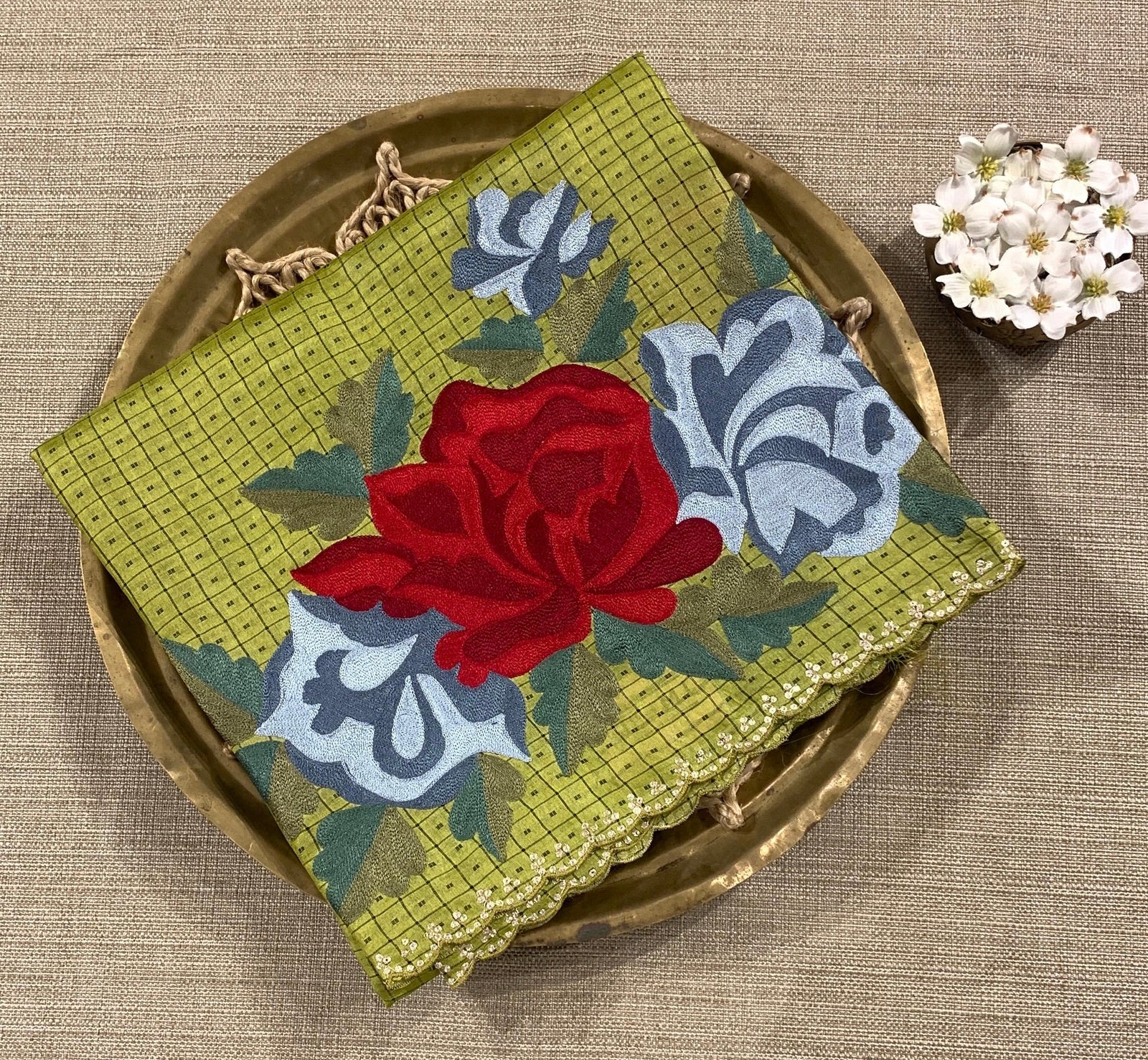 Lime  Green Tussar Saree with statement Floral Placement Embroidery