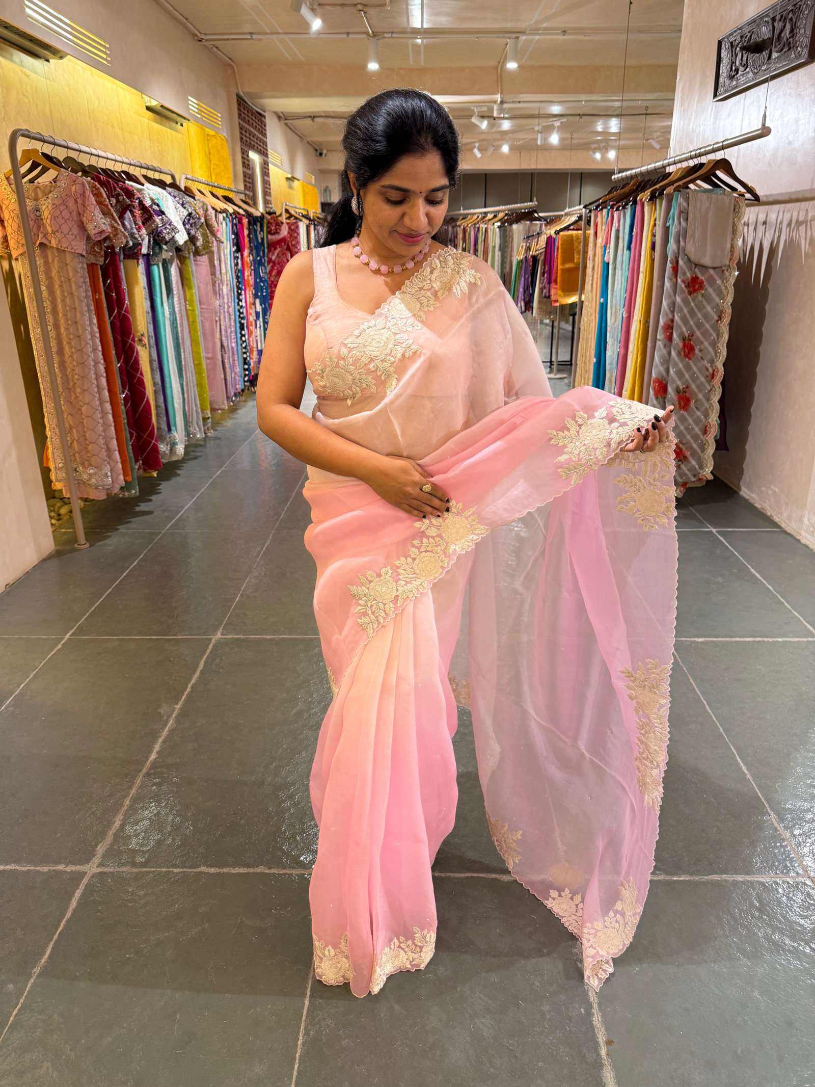 Ombre Dyed Pure Organza Silk Saree with Embroidered Borders