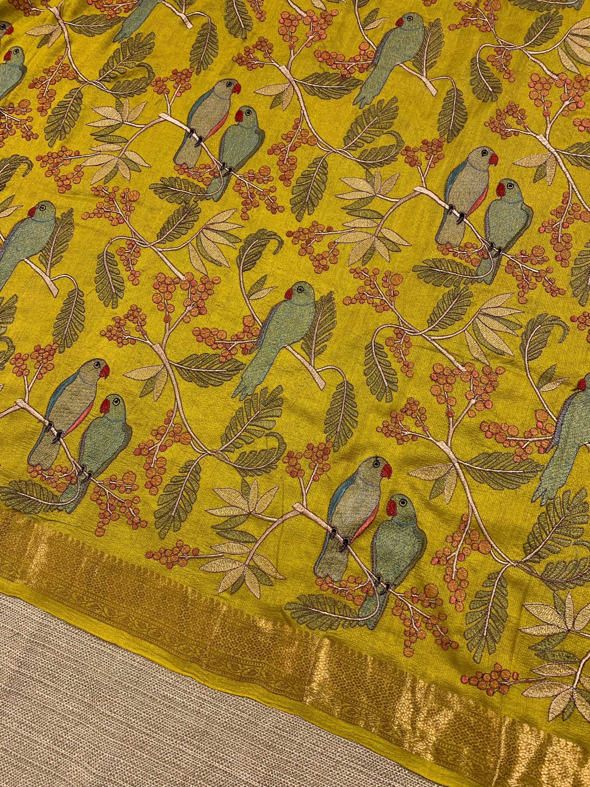 SMSEA114 Lemon Yellow Pure Handloom Munga Silk Saree with allover  Embroidery