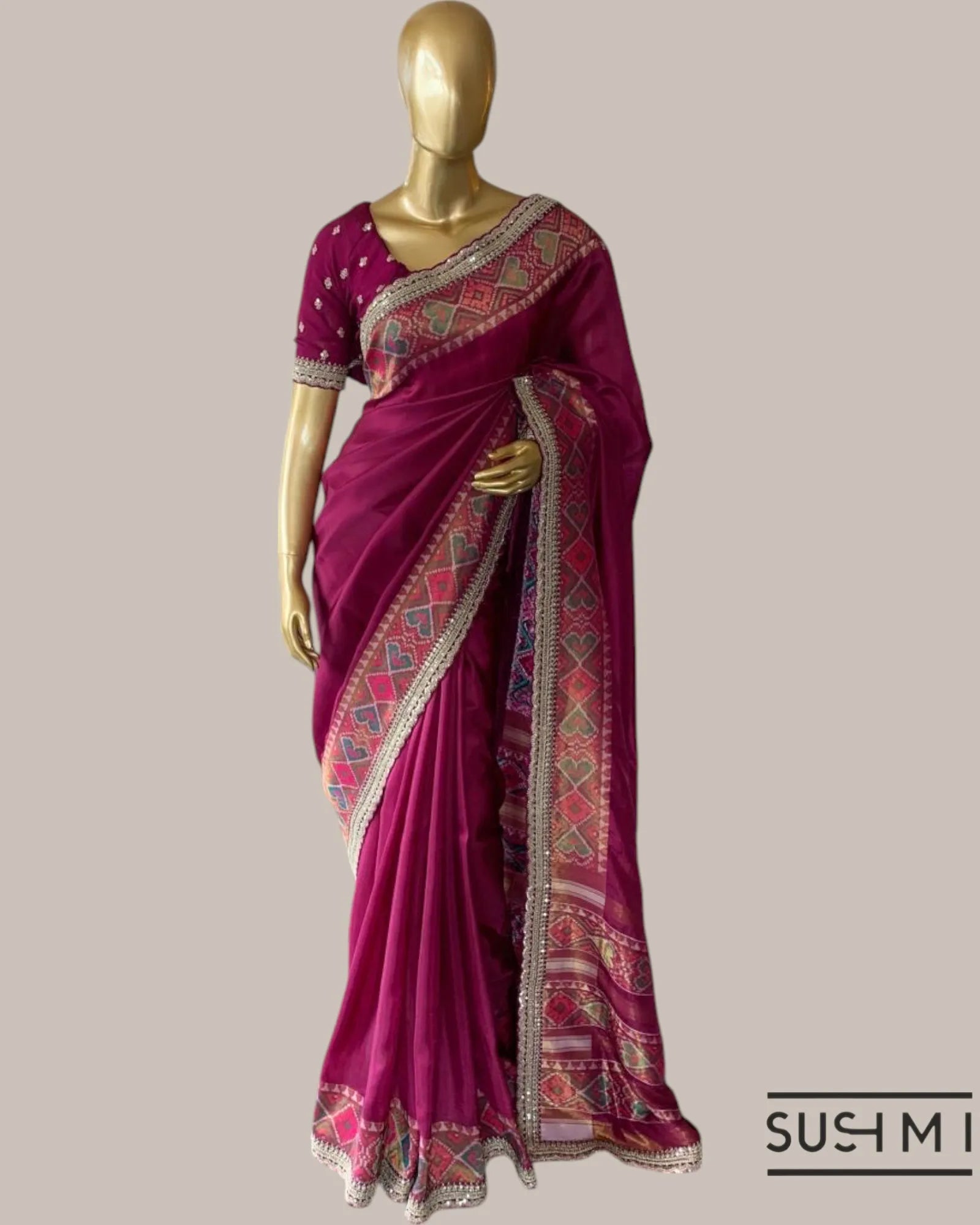 Beetroot Pink Tussar Silk Gorgette Saree in Ikkath Patola style Chevron body and