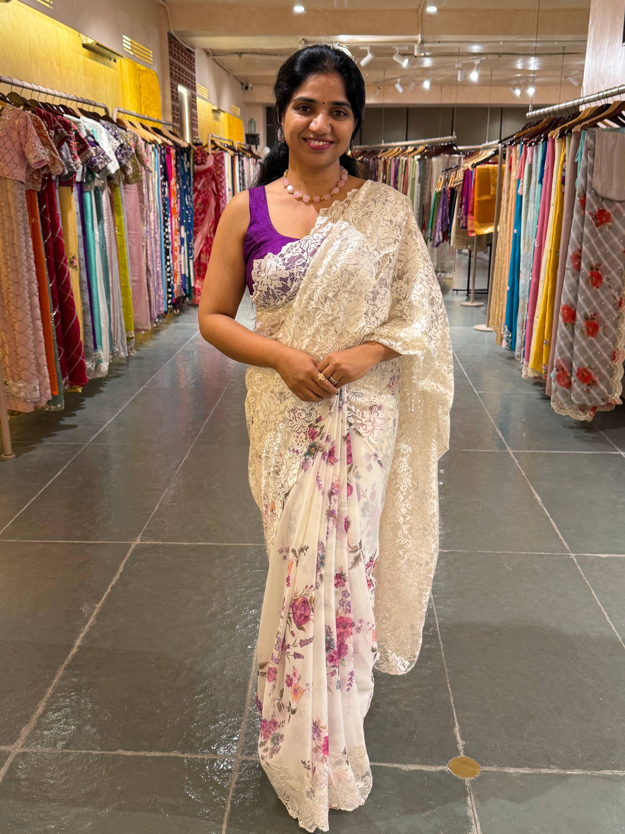 Designer Gorgette Saree with Chantilly lace for Pallu in Half and Half style