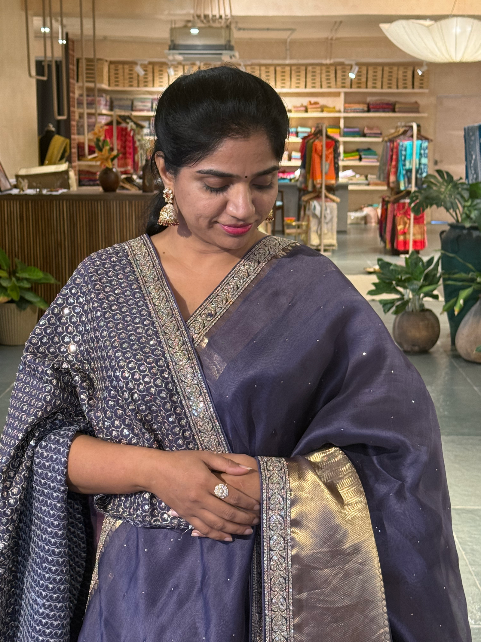 SK1091414ORG:Bluish Violet Kanchi Kora Saree with allover mukaish handwork