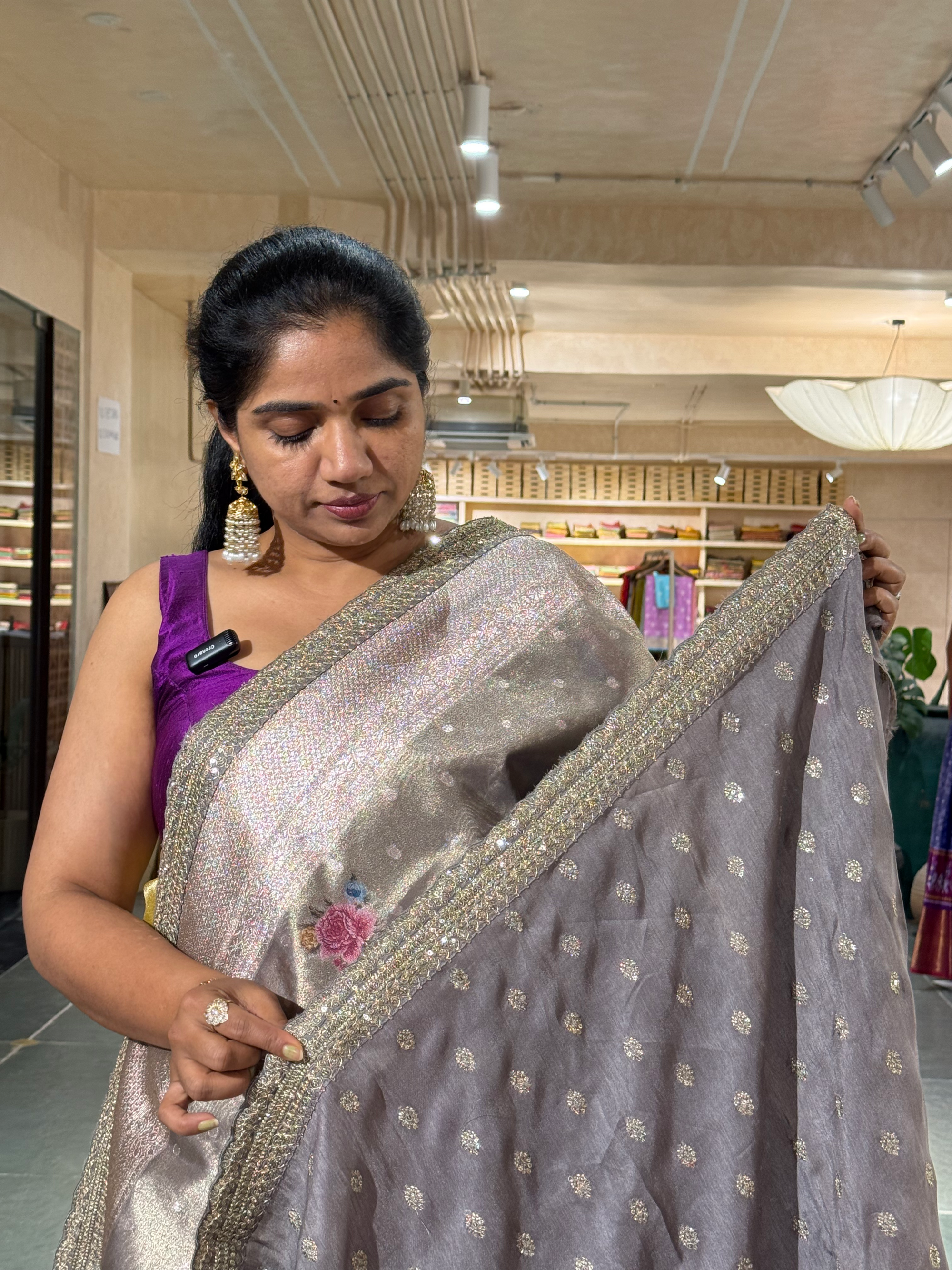 Earthy Tone Floral printed tissue Saree eith sabyasachi style border and blouse