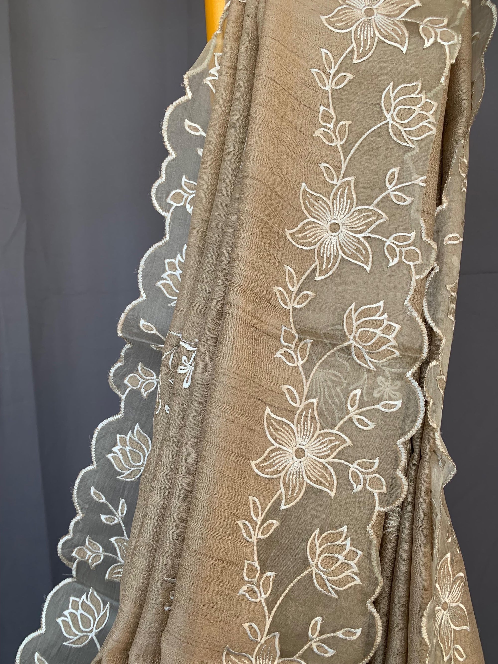 Pure handloom Tussar Designer Saree with Organza Applique Cutwork Border