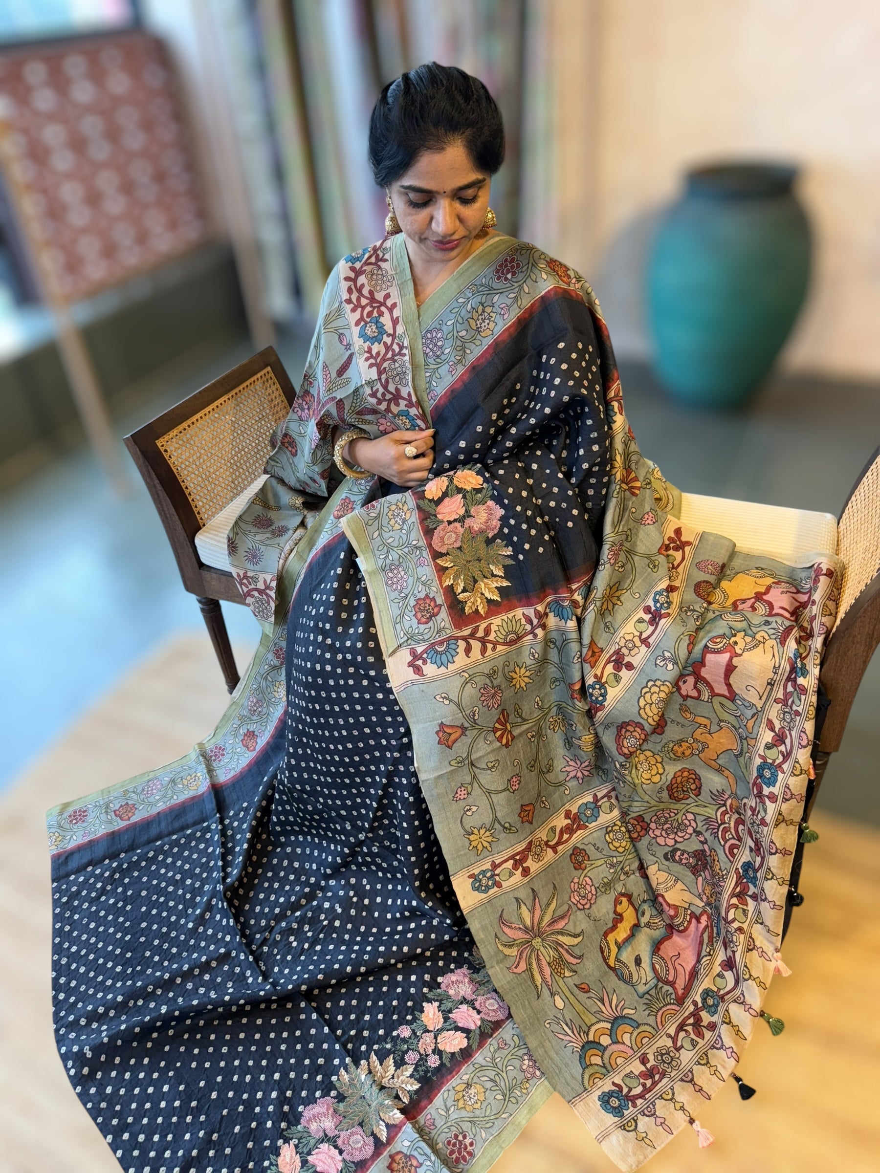 Black Tussar Bandhini Saree With Pen kalamkari Border & Petite Point Emb Blouse