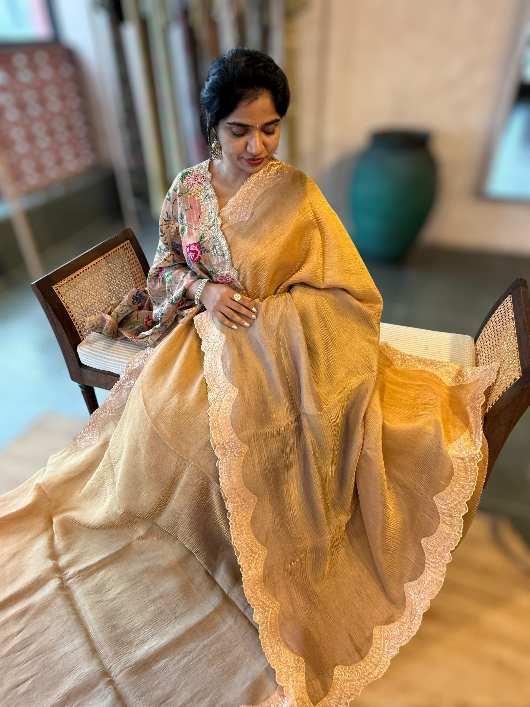 Ombre Dyed Crush Tissue Saree With Pitawork Border & Petite Point Embroidered BP