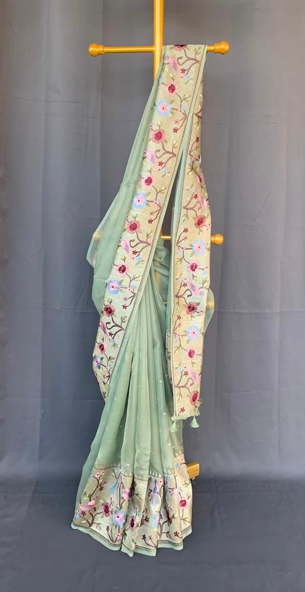 KTPA1412 Mint Kota Tissue Stripes Saree with Tissue Pythani Skirt Border