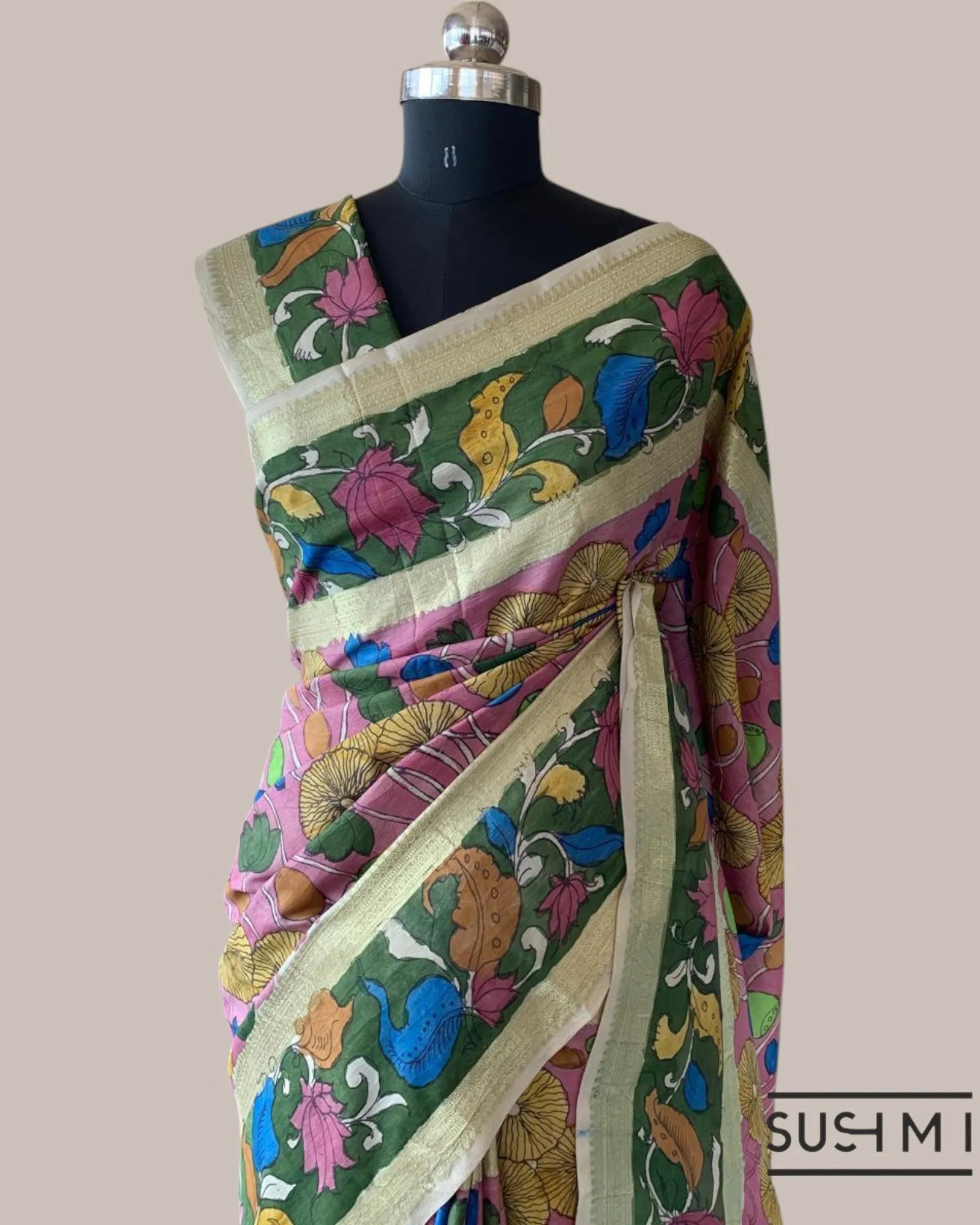 Pink Kanchi Pen kalamkari handpainted saree with heavy border