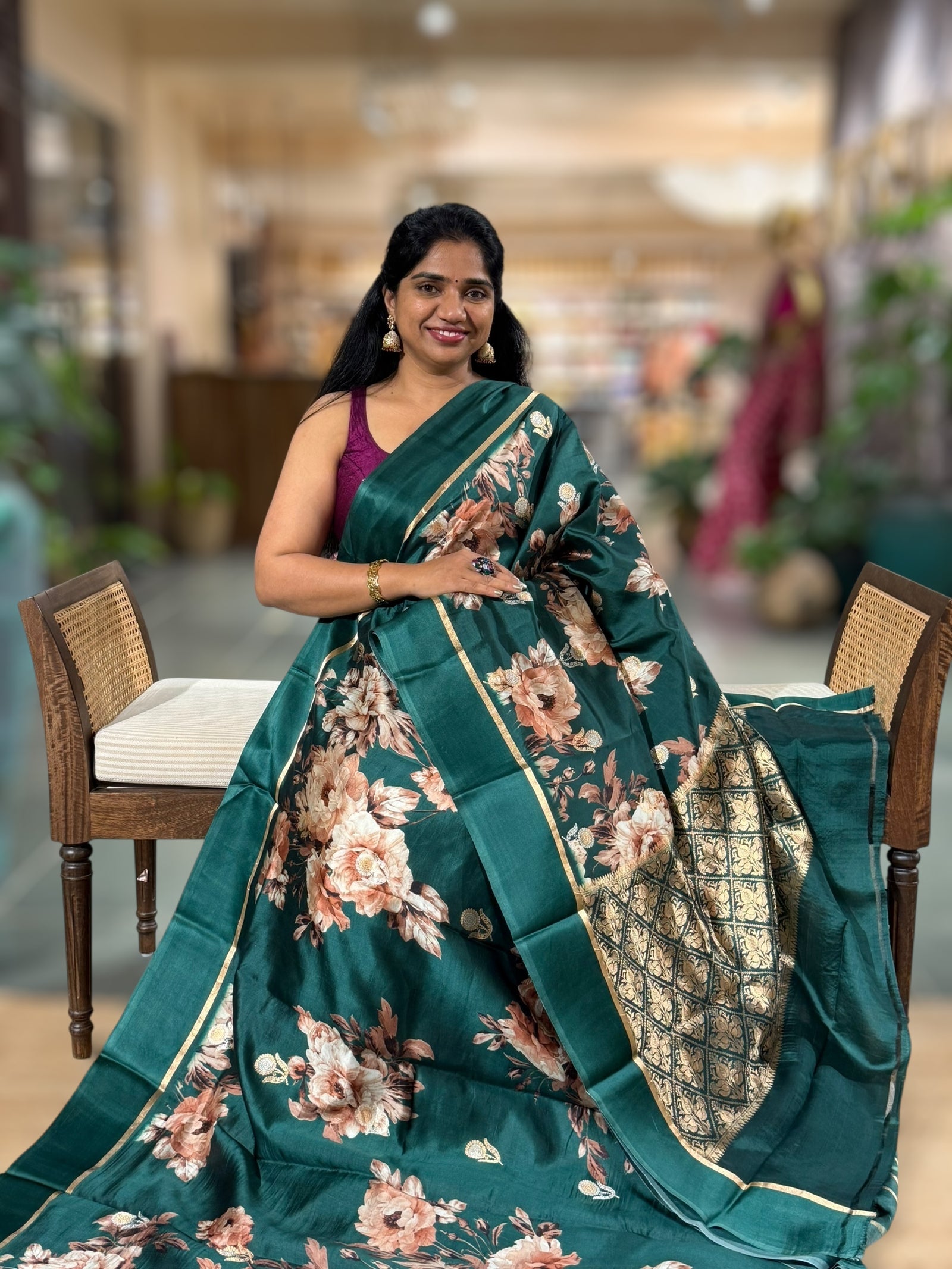 Forest Green Kanchi Soft Silk with Bold Floral Print