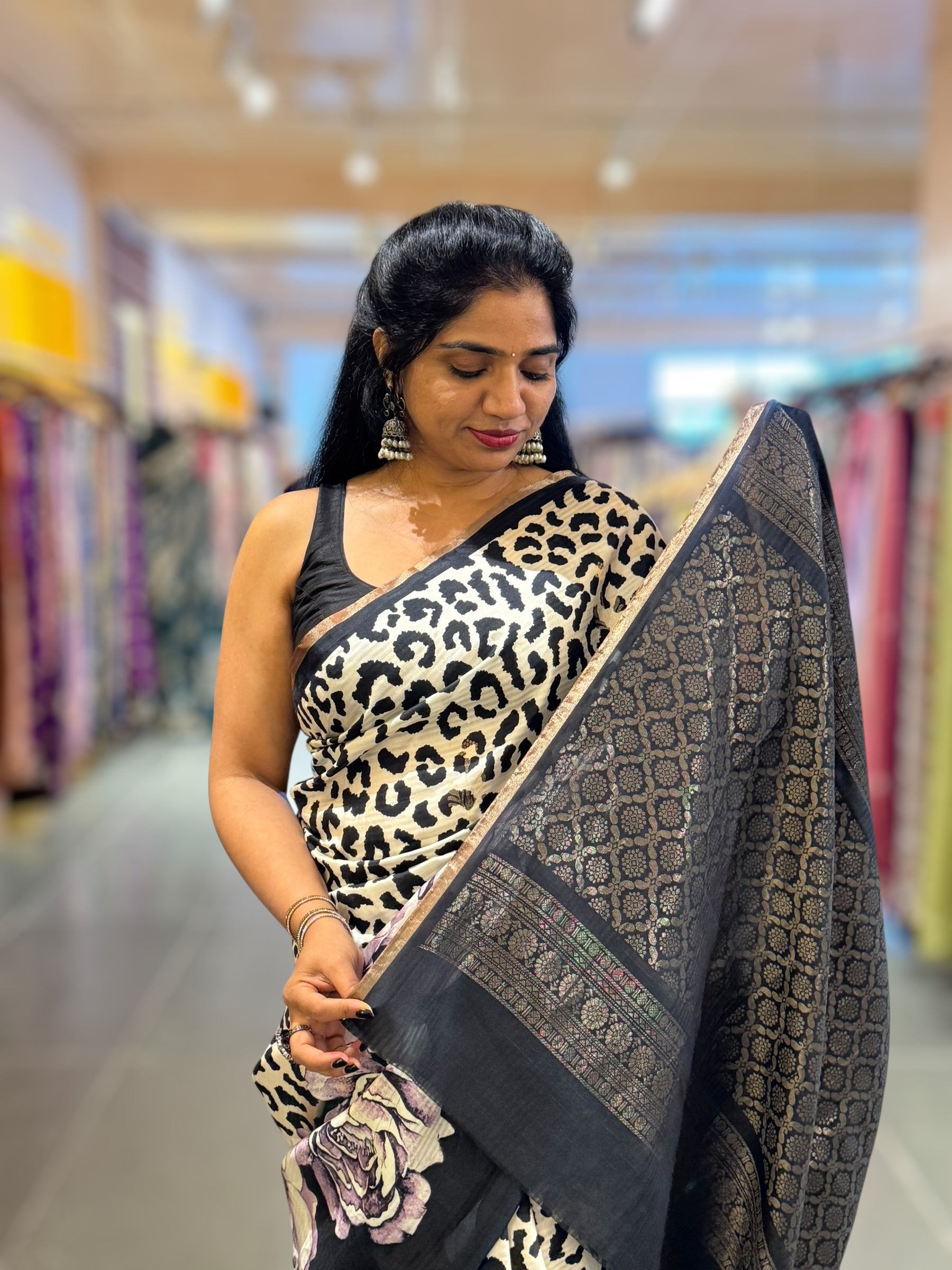 Kanchi Soft Silk Saree with Leopard and Statement 3D Rose Print