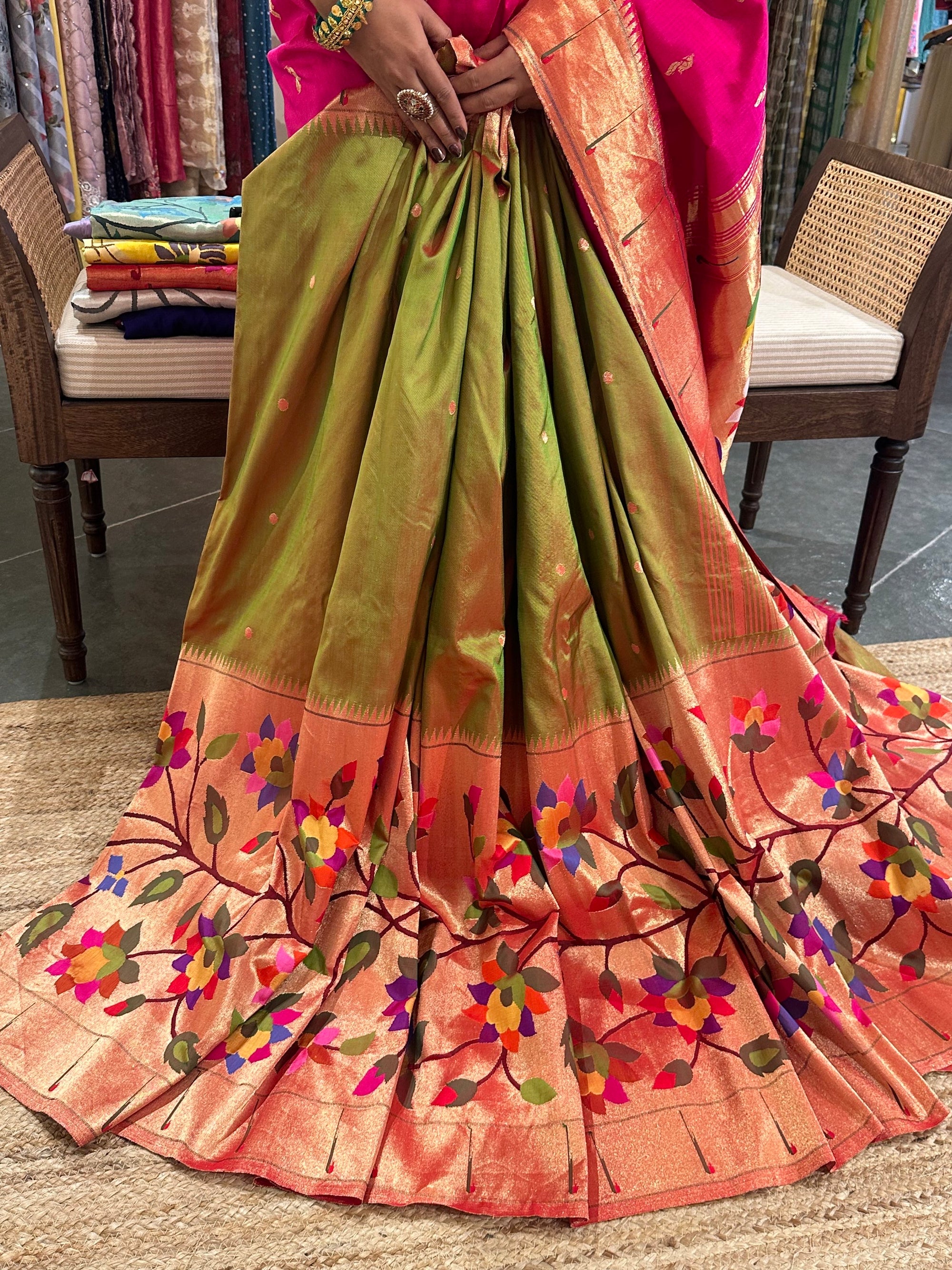 Mehendi Green Half Allover Pure Handloom yeola Paithani Saree