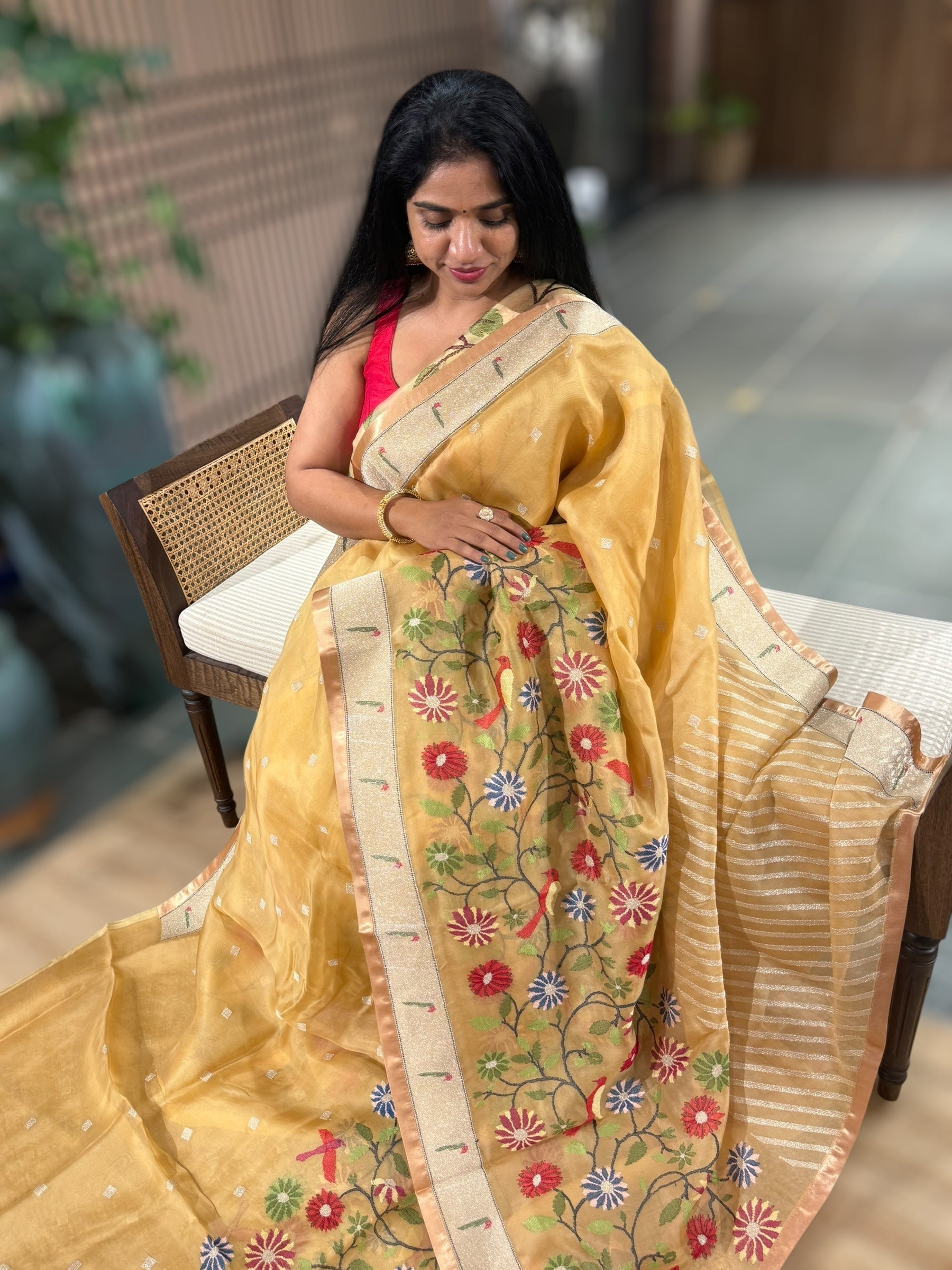 Beige Gold Organza Silk Saree With Jamdani Inspired Embroidery