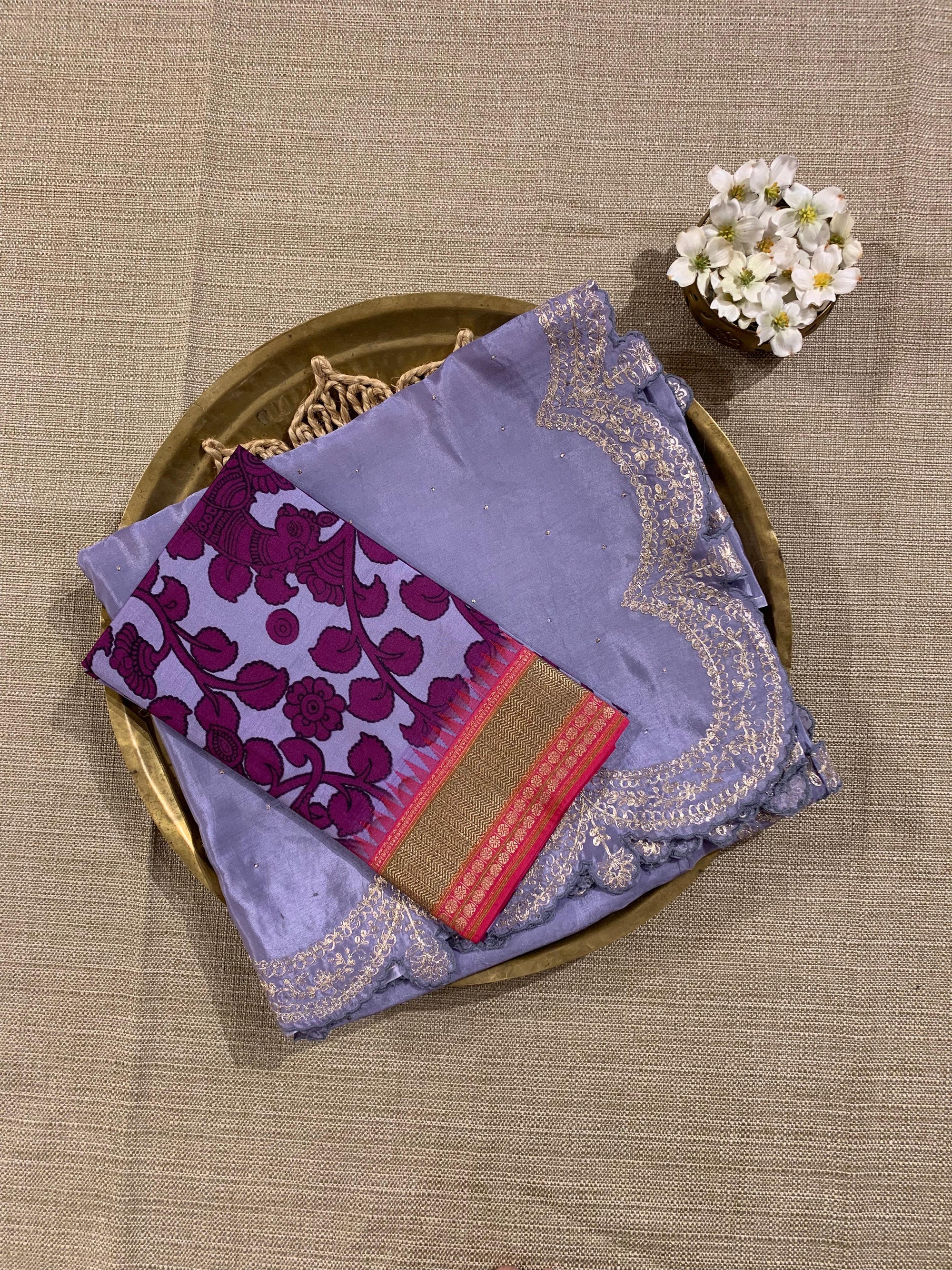 Bluish Lilac Crepe Silk Saree With Pita Work Scallop Border
