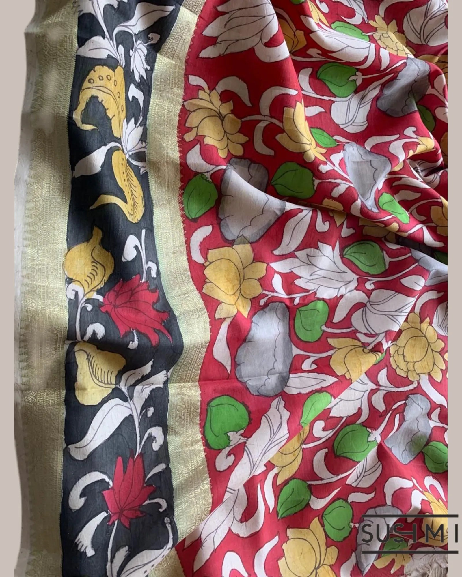 Red Kanchi Pen kalamkari handpainted saree with heavy borders