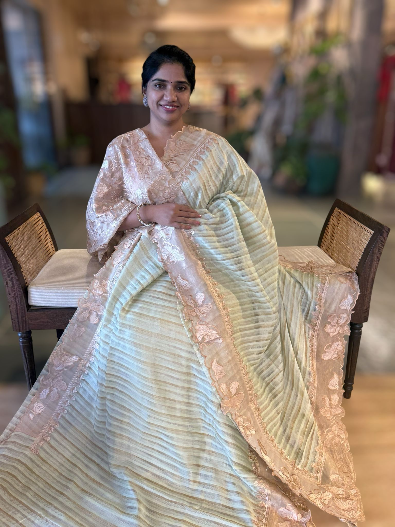Mint Mul Tissue Stripes Saree With Tissue Cutwork  Border & Blouse