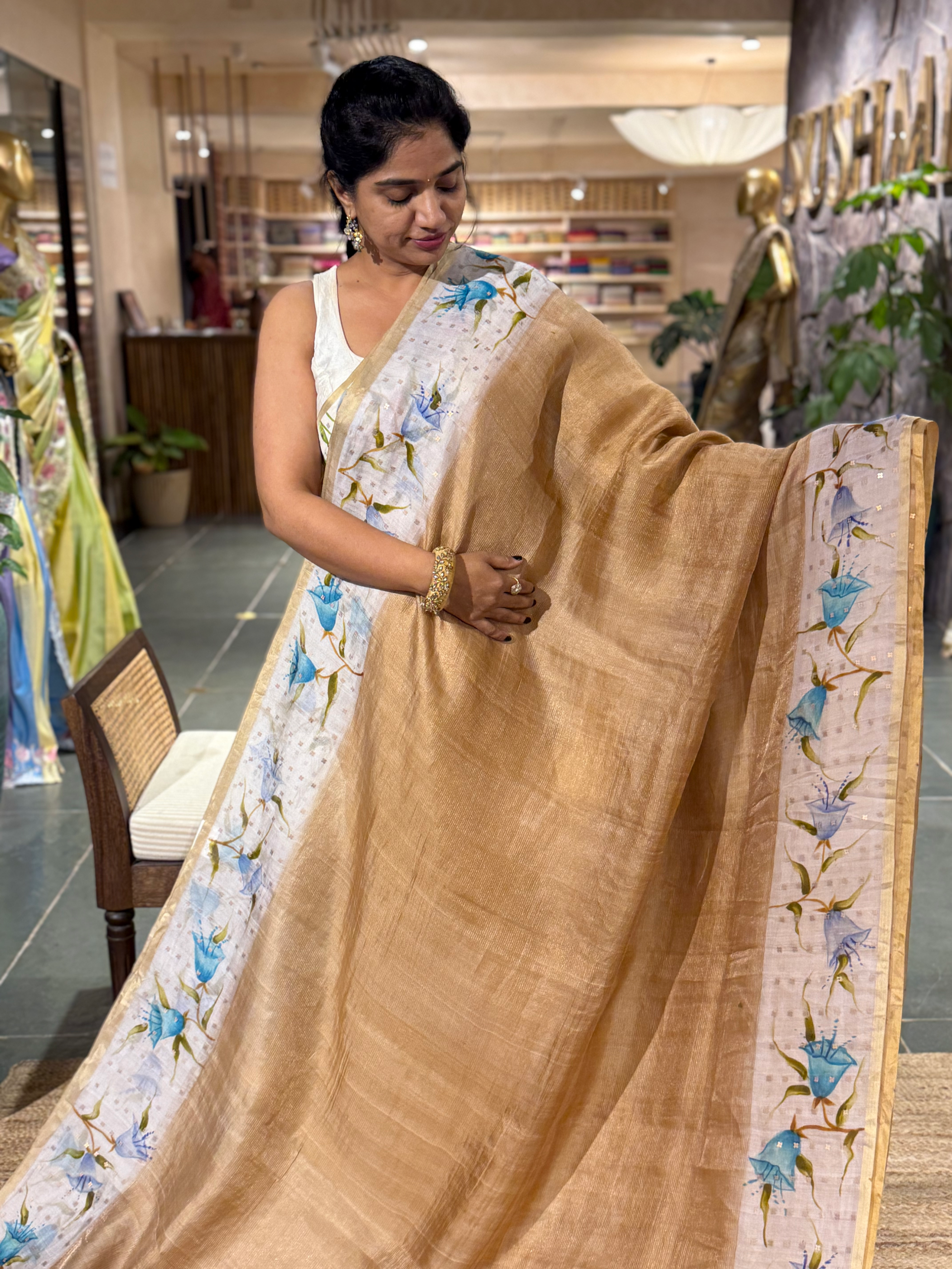 Tussar Kota Tissue Saree with Handpainted Muslin Border and Pallu