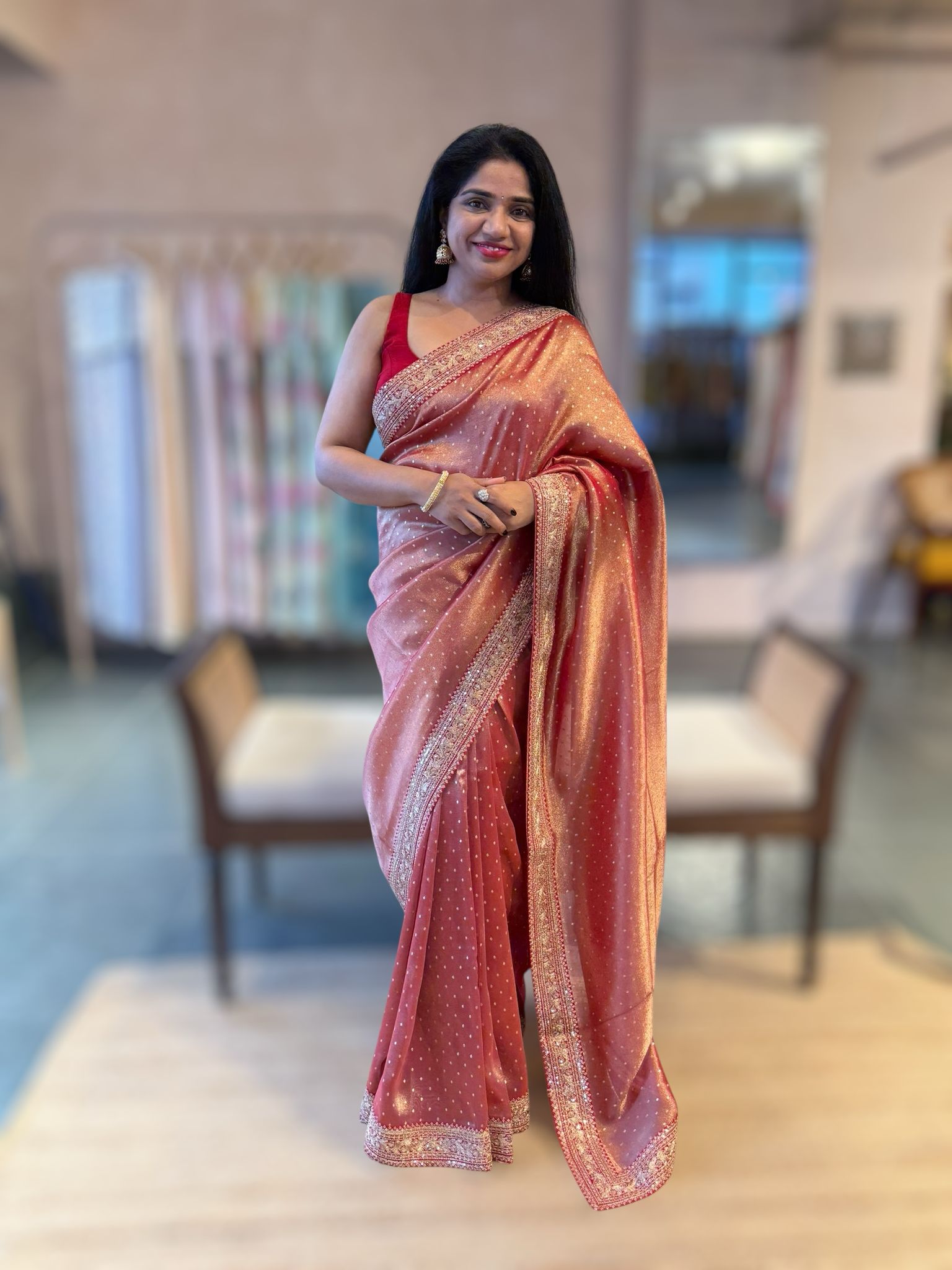 Red Tissue Gorgette saree witj sabyasachi borders and allover pitawork blouse