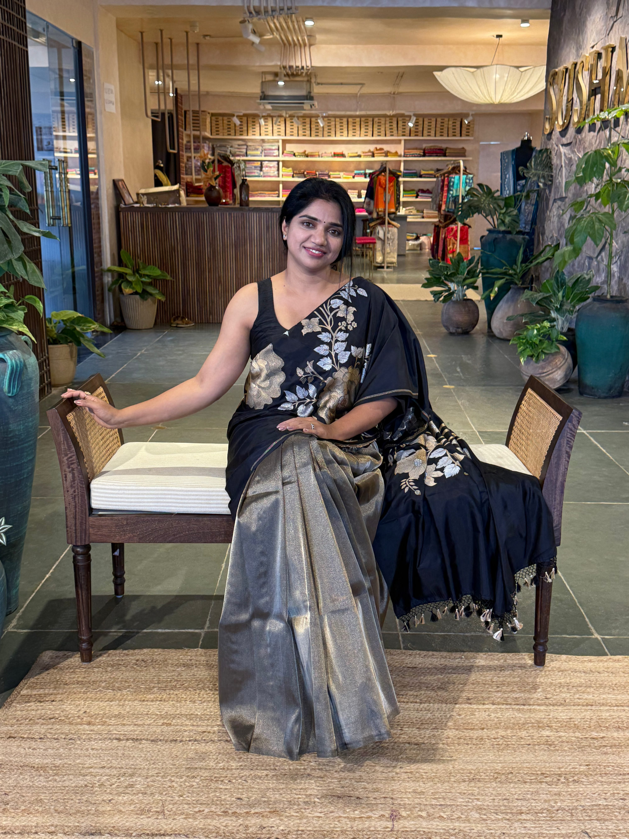Black and Antique Gold Designer Banarasi Silk Saree