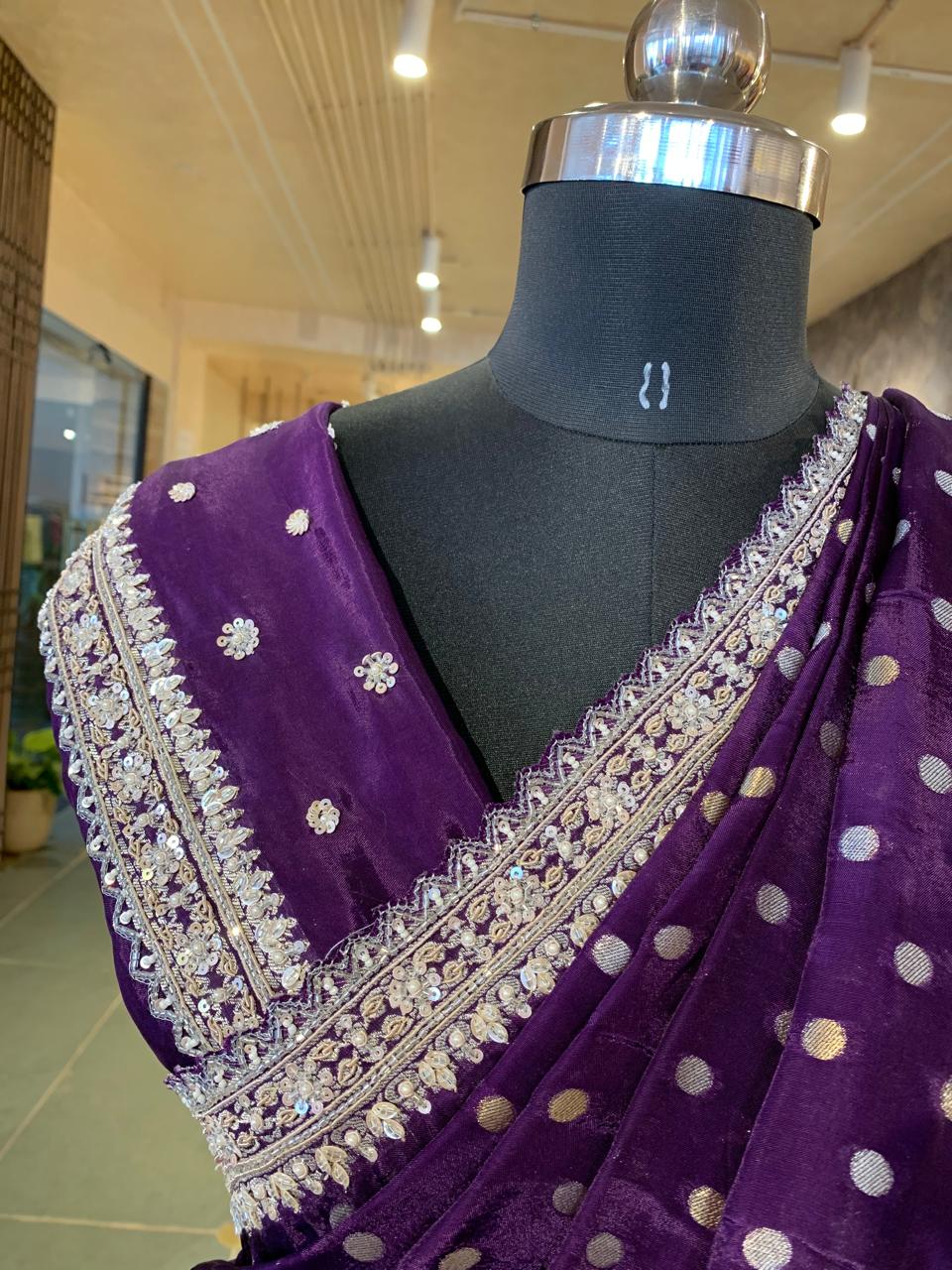 Purple Satin Gorgette Saree with Handwork border & blouse and allover zari butis