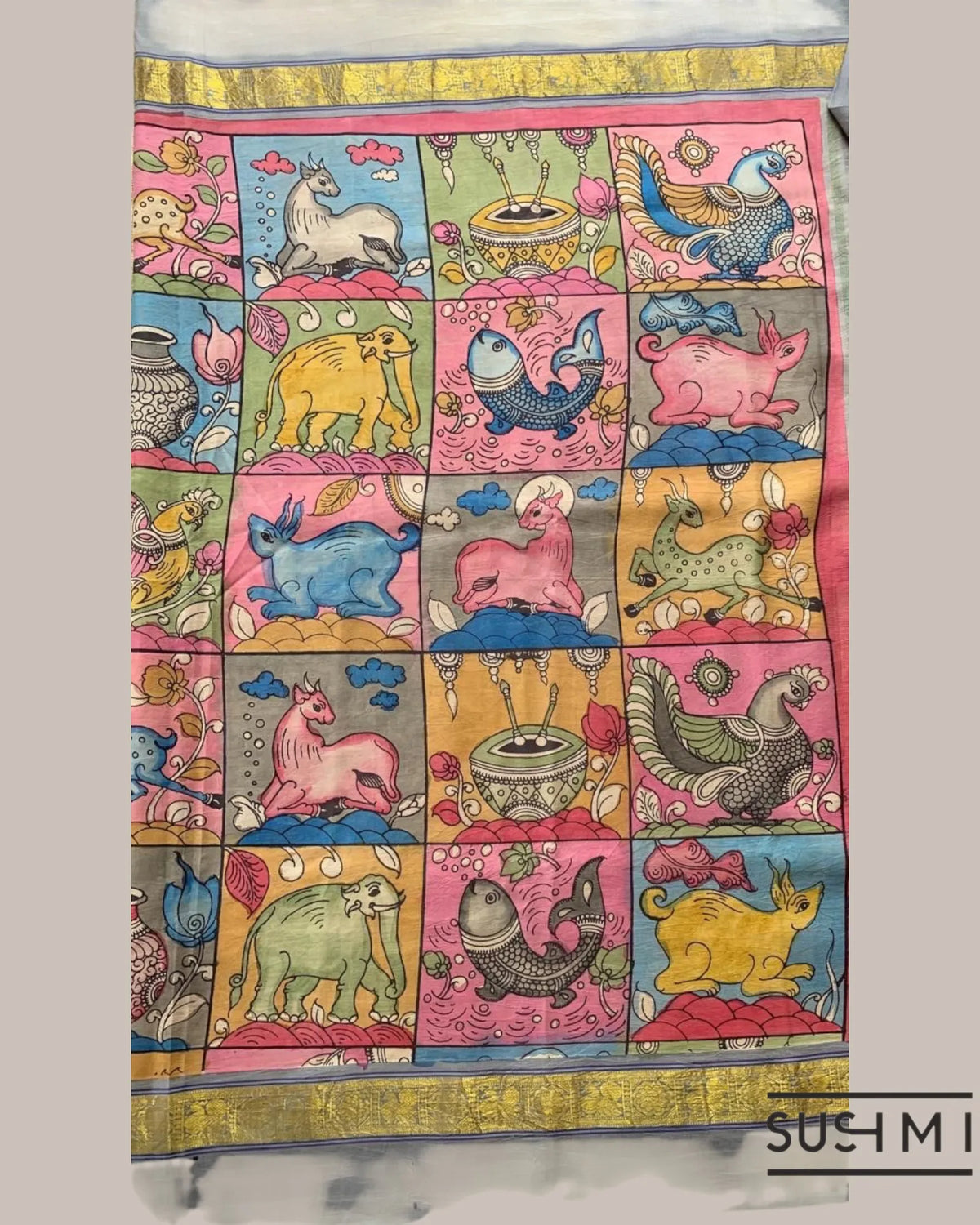 Kanchi Pen kalamkari handpainted saree with heavy borders