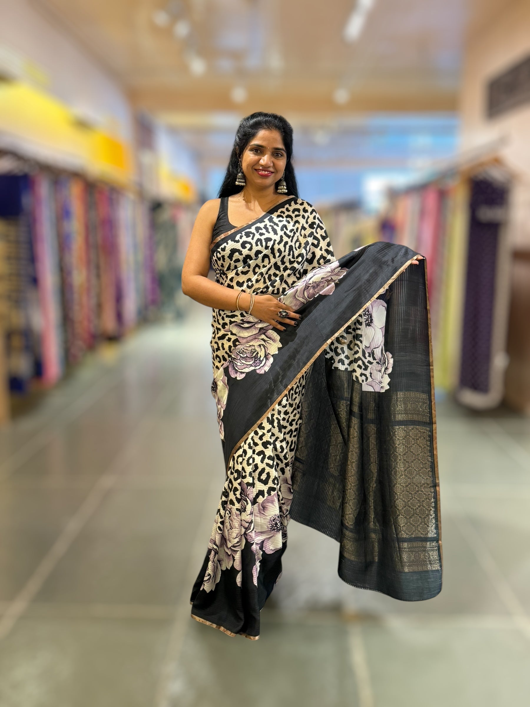 Kanchi Soft Silk Saree with Leopard and Statement 3D Rose Print