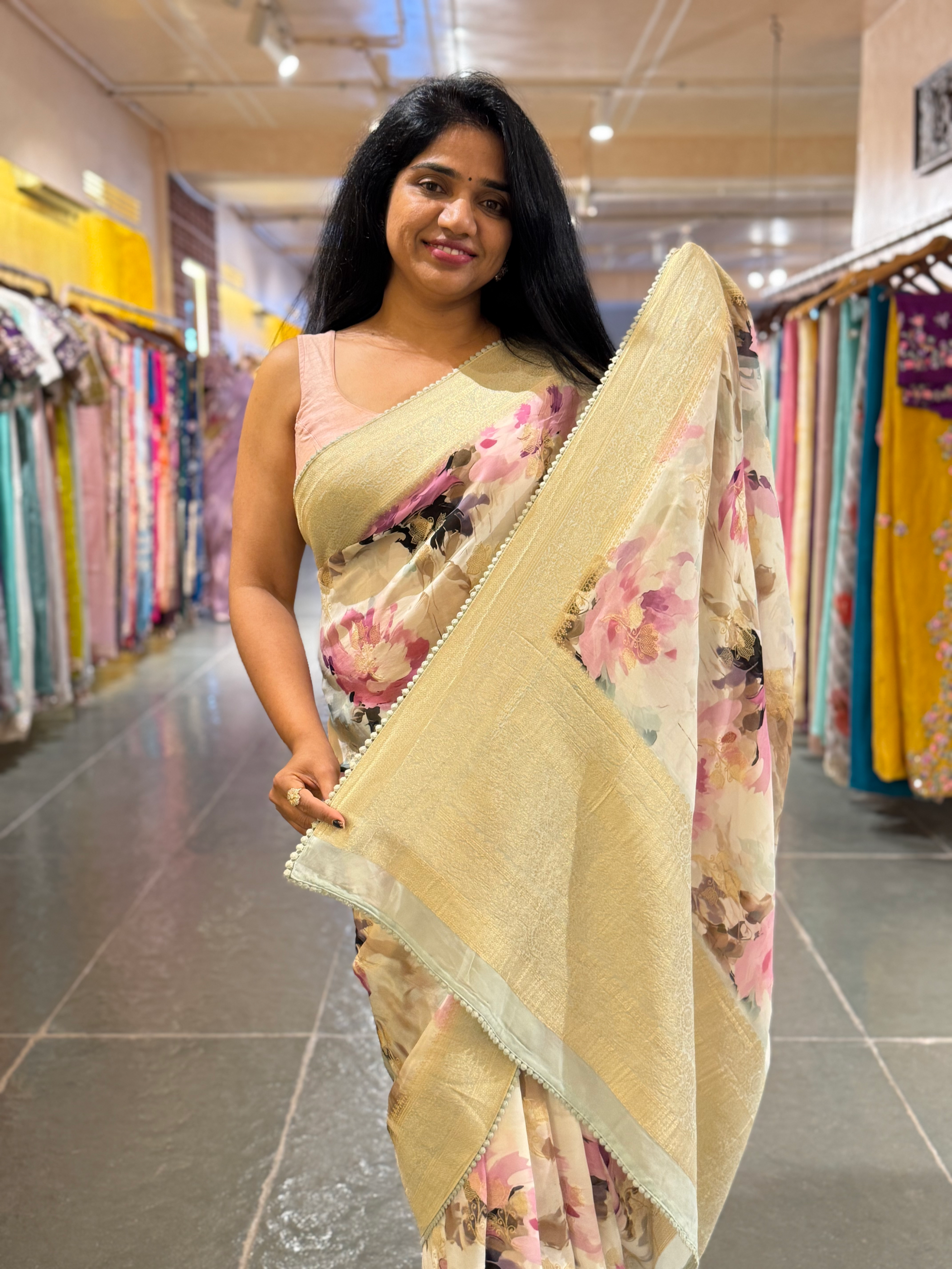 Banarasi Khaddi Gorgette Sarees with Floral Prints hemlined with crotia lace